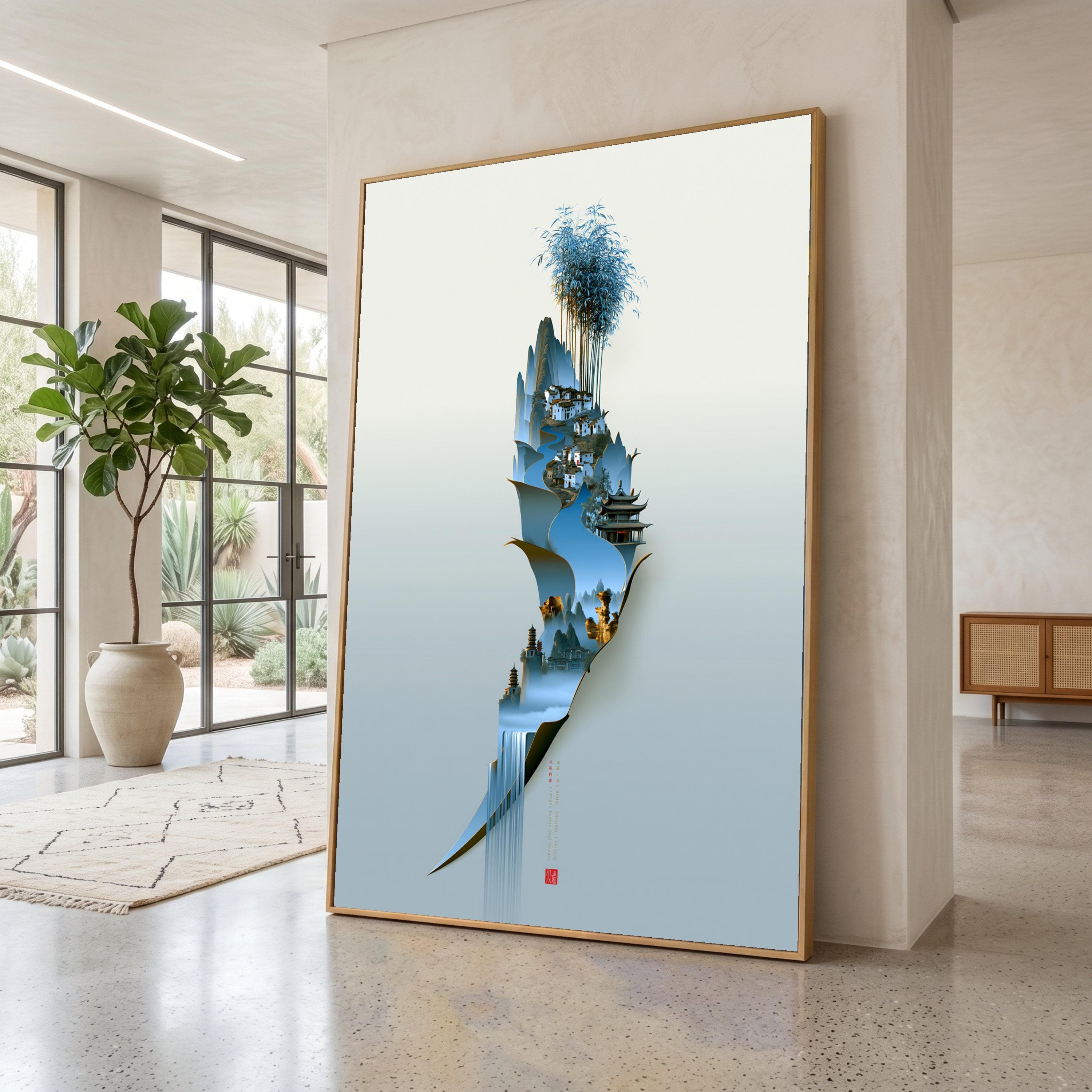 Tranquil Bamboo River Scene, Asian Landscape Canvas, Minimalist Home Decor, Zen Wall Art, Asian Village Canvas Design, Nature Decoration