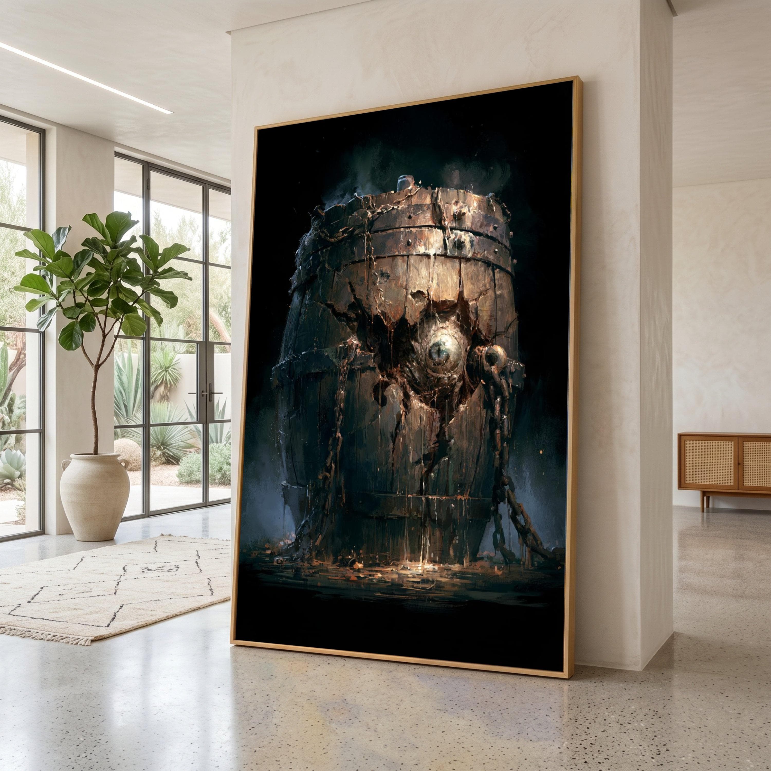 Mysterious Rusted Barrel, Dark Fantasy Canvas, Surreal Chest Wall Art, Haunted Container Decor, Dramatic Home Accent