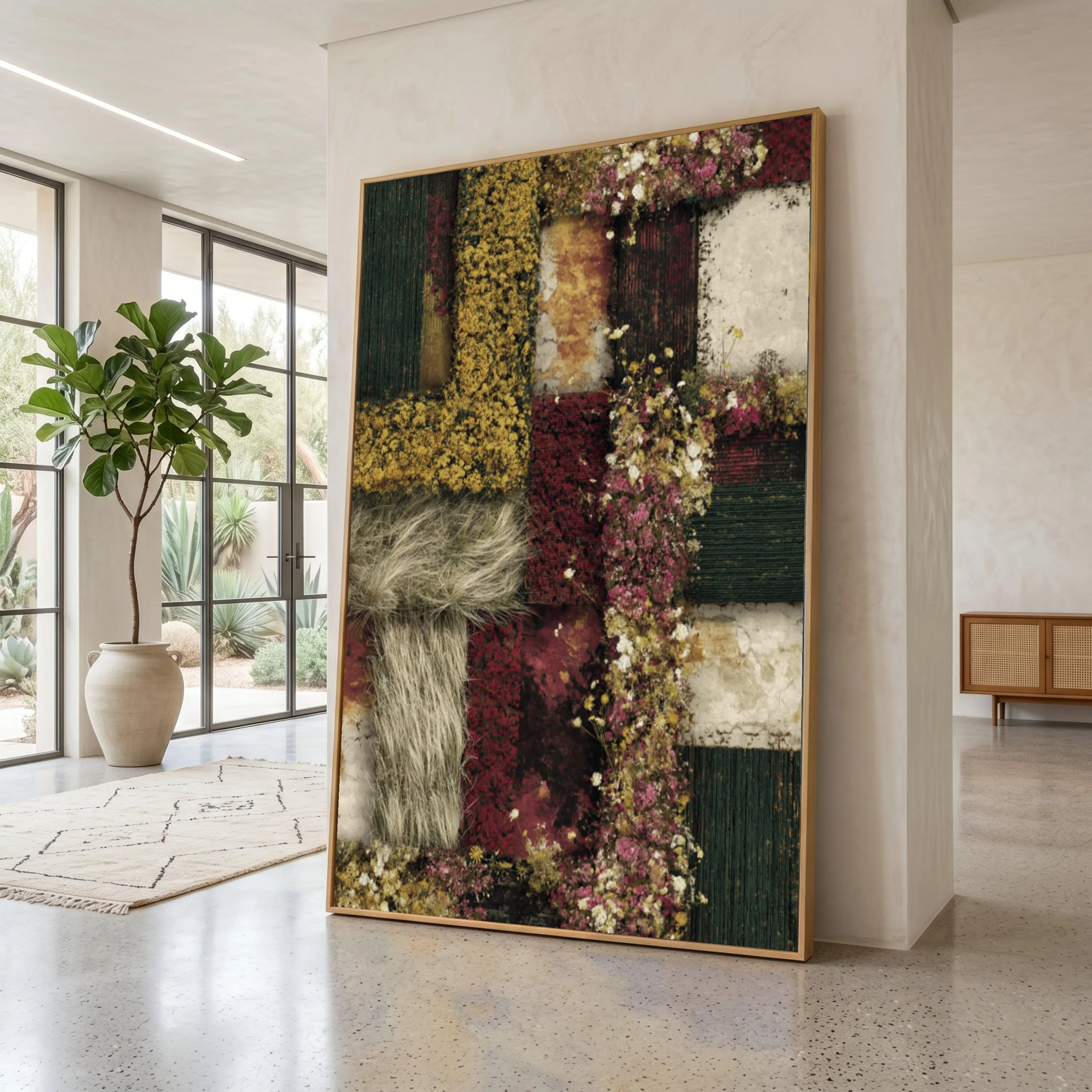 Rustic Nature Patchwork Canvas, Floral and Grass Collage Wall Art, Earth Tones Home Decor, Botanical Canvas Artwork, Vintage Style