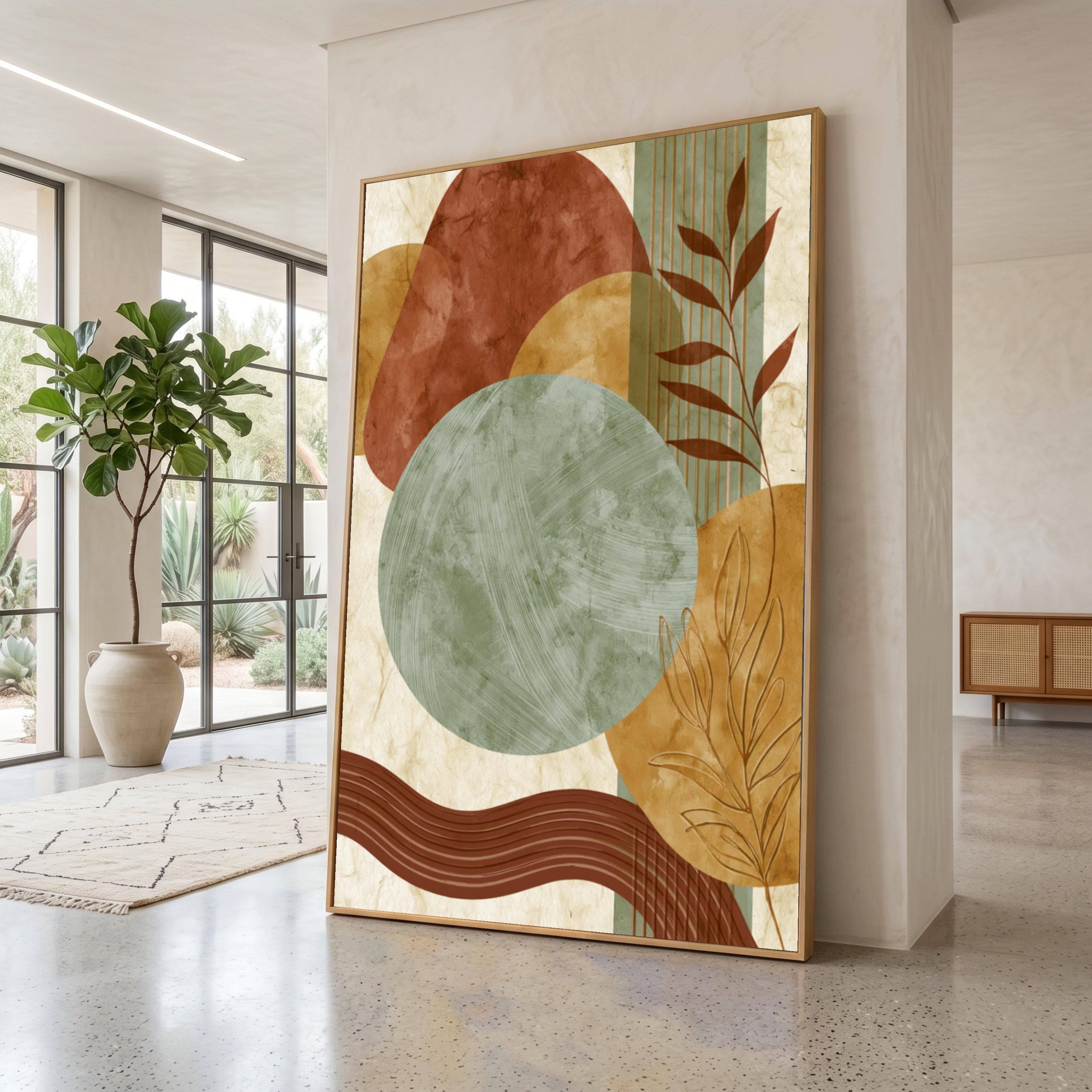 Abstract Earth Tone Shapes Canvas, Modern Geometric Wall Art, Botanical Line Art, Contemporary Home Decor, Organic Style Canvas