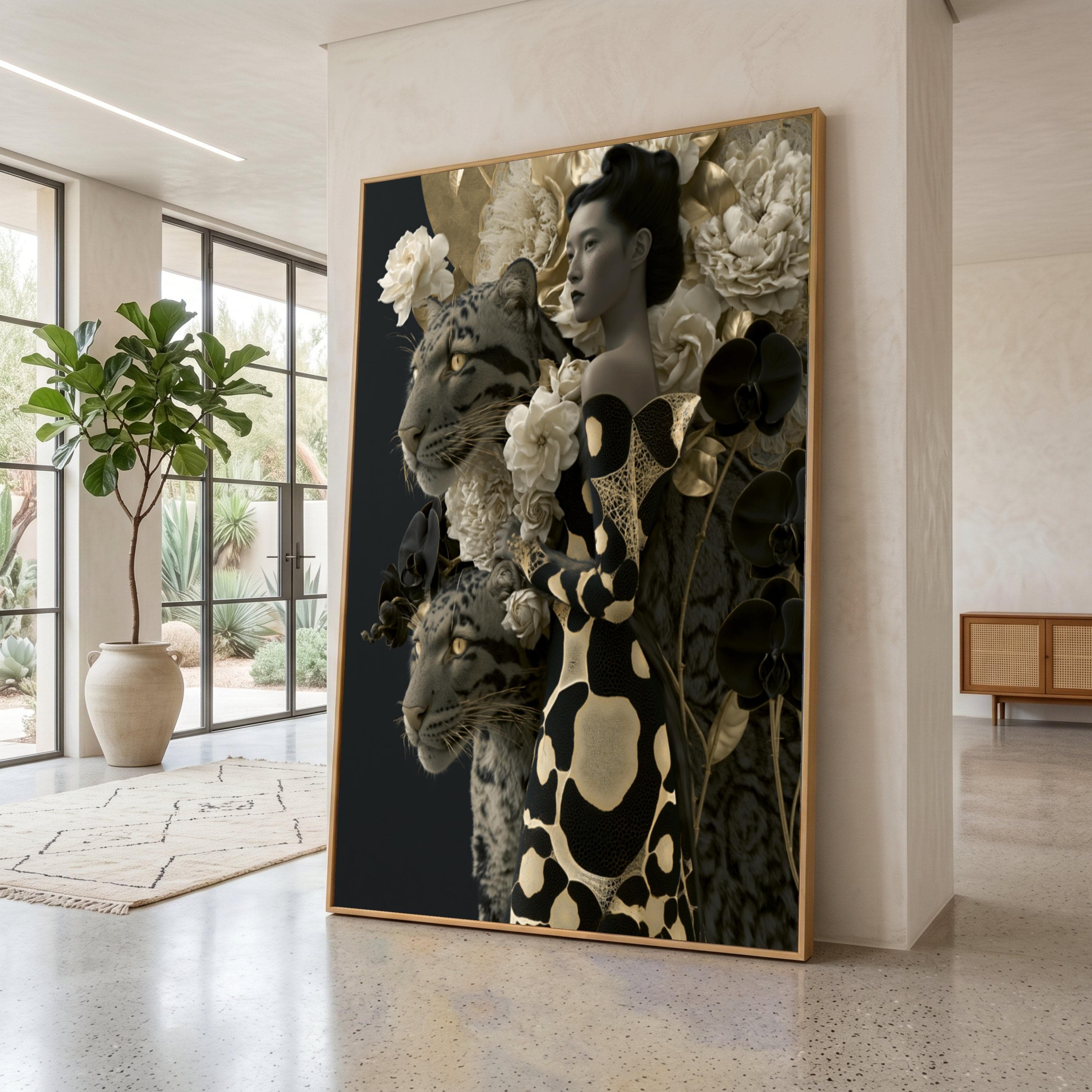 Elegant Woman with Leopard, Floral Canvas Wall Art, Exotic Animal and Botanical Canvas, Modern Home Decoration, Nature Design