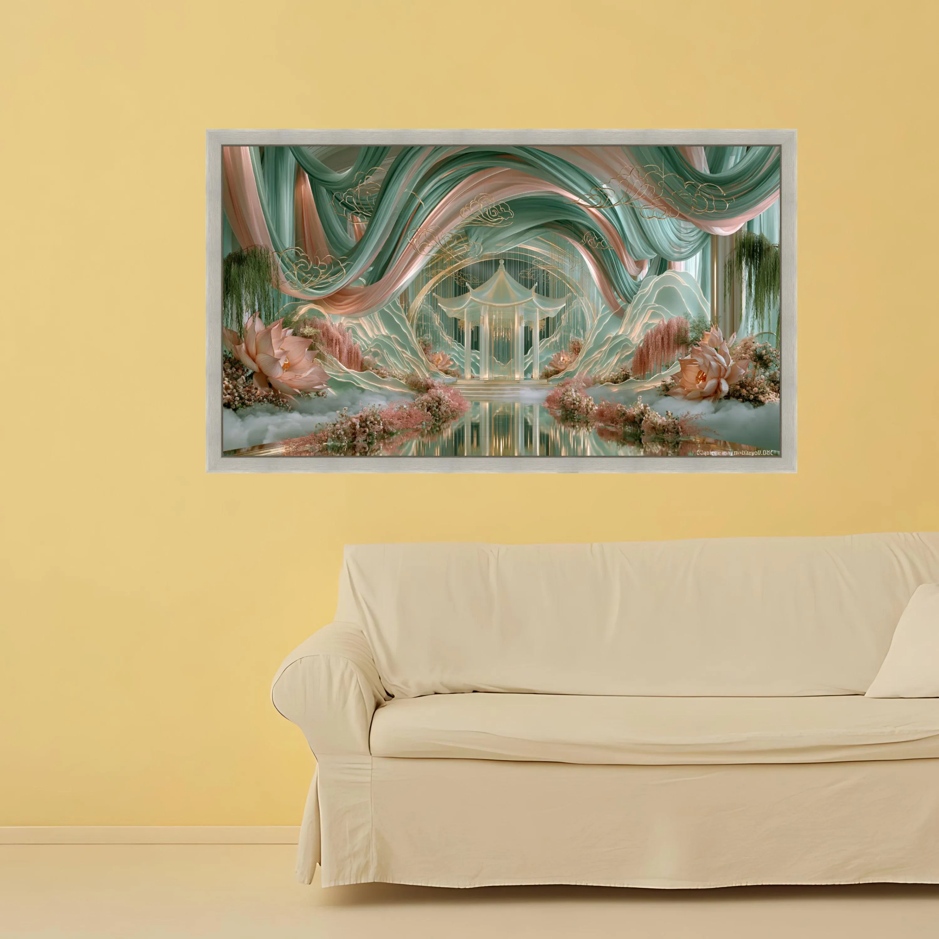 Serene Asian Pavilion Canvas, Mystical Garden Scene, Floral Lotus Wall Art, Elegant Drapery Design, Reflective Water Canvas Decor - image 5
