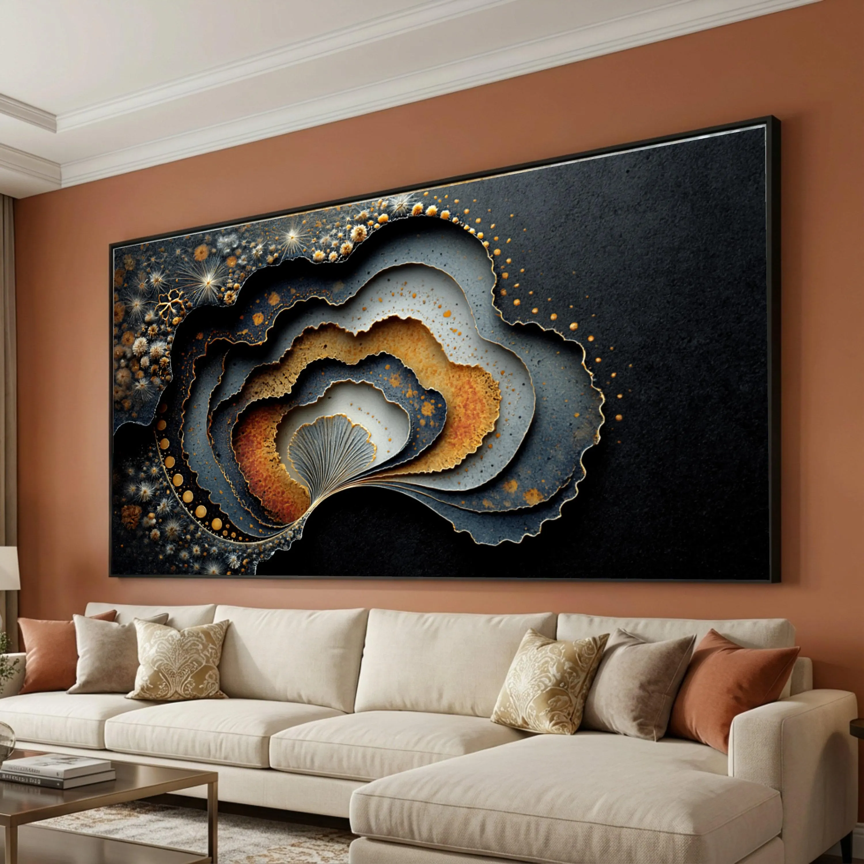 Abstract Geode Layers Canvas, Metallic Gold and Blue Wall Art, Modern Home Decoration, Organic Shape Canvas Design, Ready to Hang Artwork