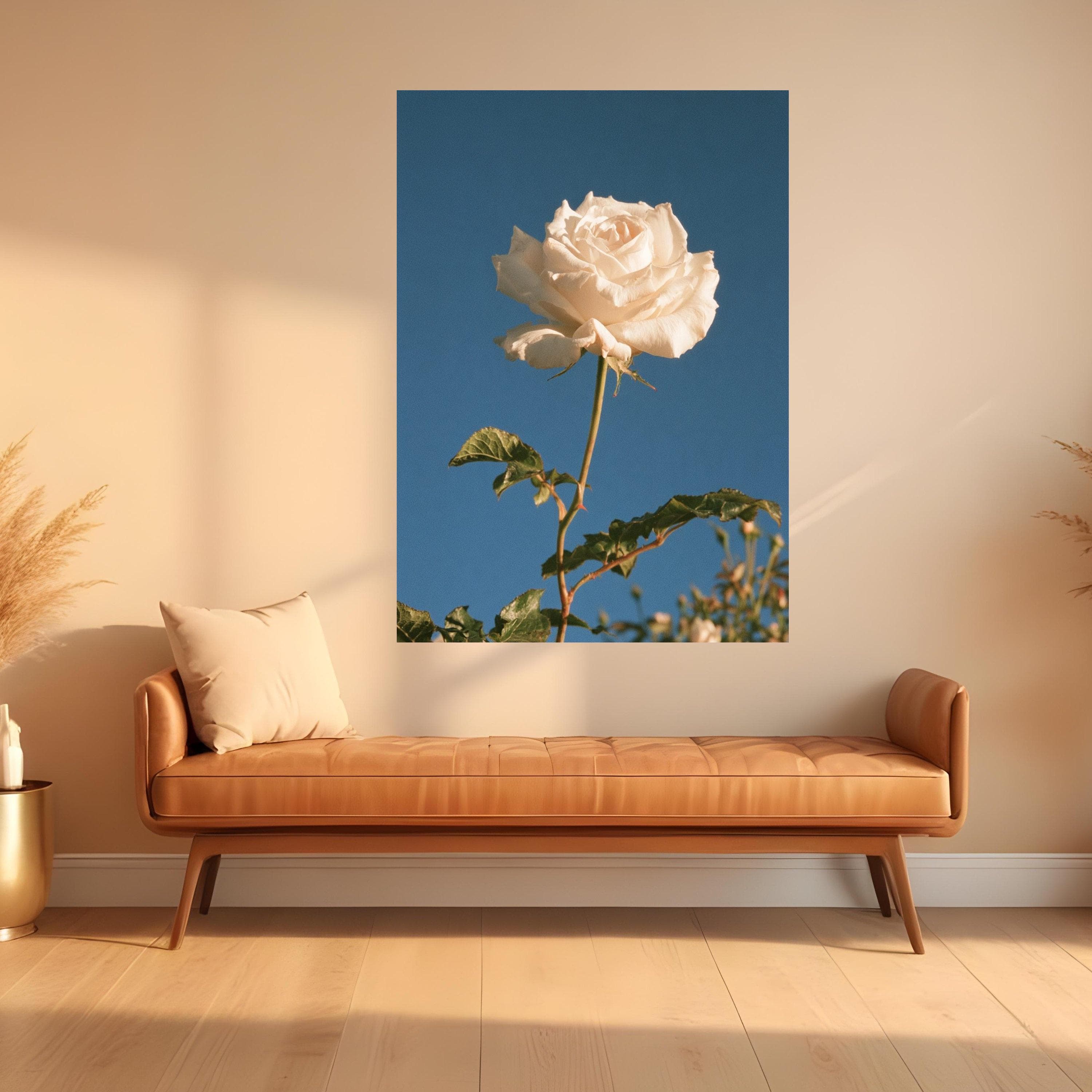White Rose Bloom Canvas, Single Flower Wall Art, Botanical Canvas Decoration, Floral Home Accent, Blue Sky Background Print - image 4