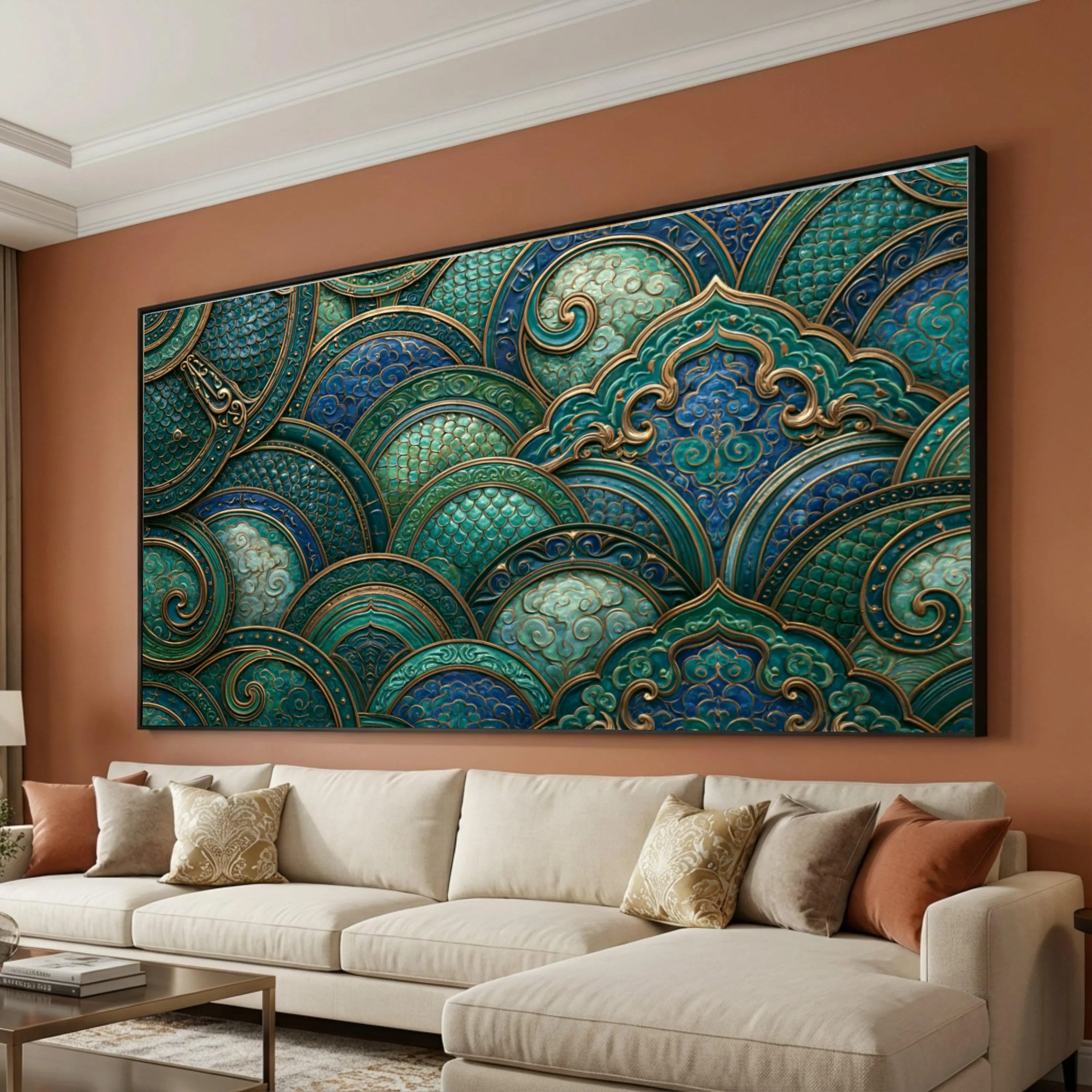 Ornate Blue Green Pattern Canvas, Decorative Wall Art, Elegant Abstract Design, Vintage Style Home Decor, Ready to Hang Canvas