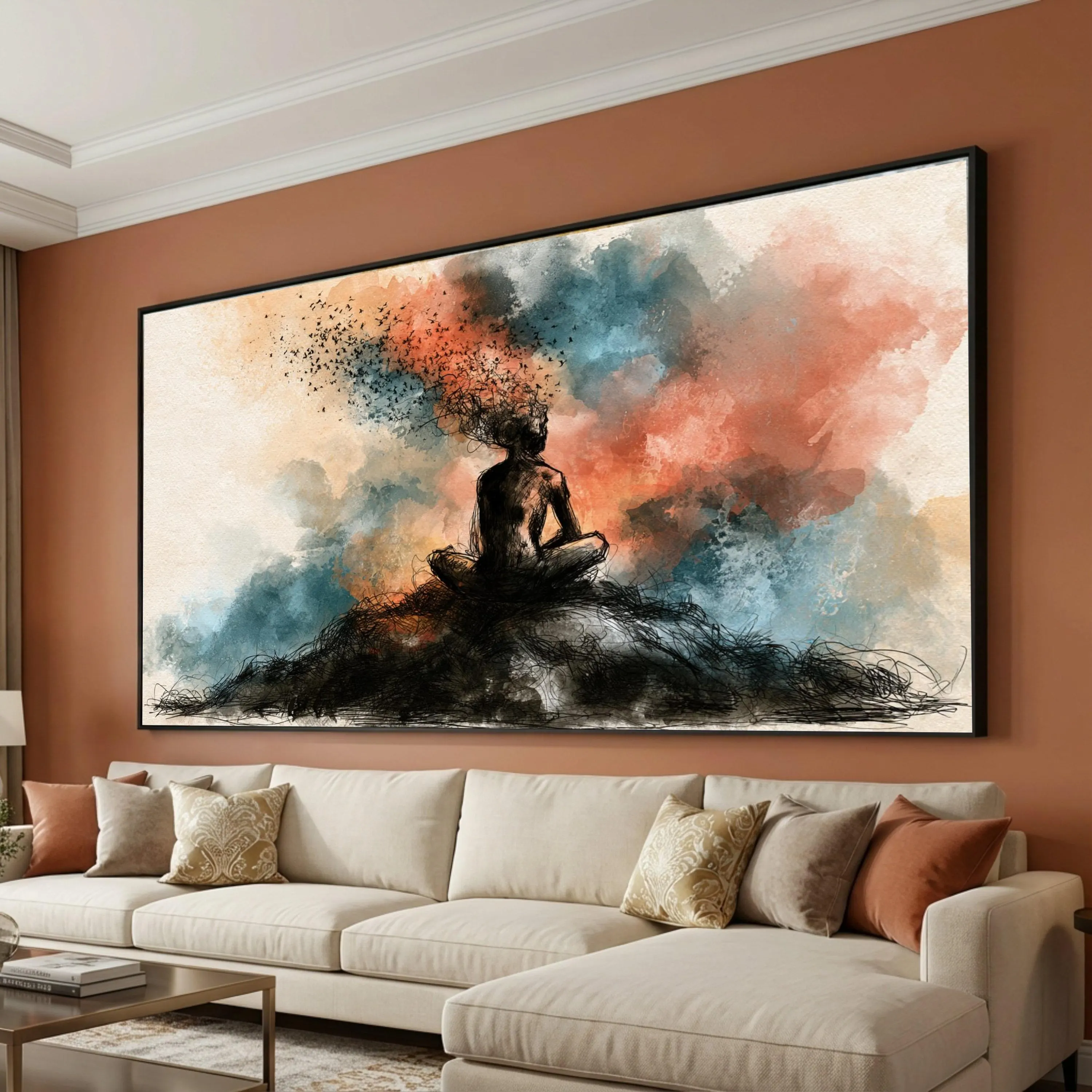 Abstract Meditative Figure Canvas, Mindfulness Wall Art, Surreal Human Silhouette, Colorful Smoke Background, Modern Canvas Decor