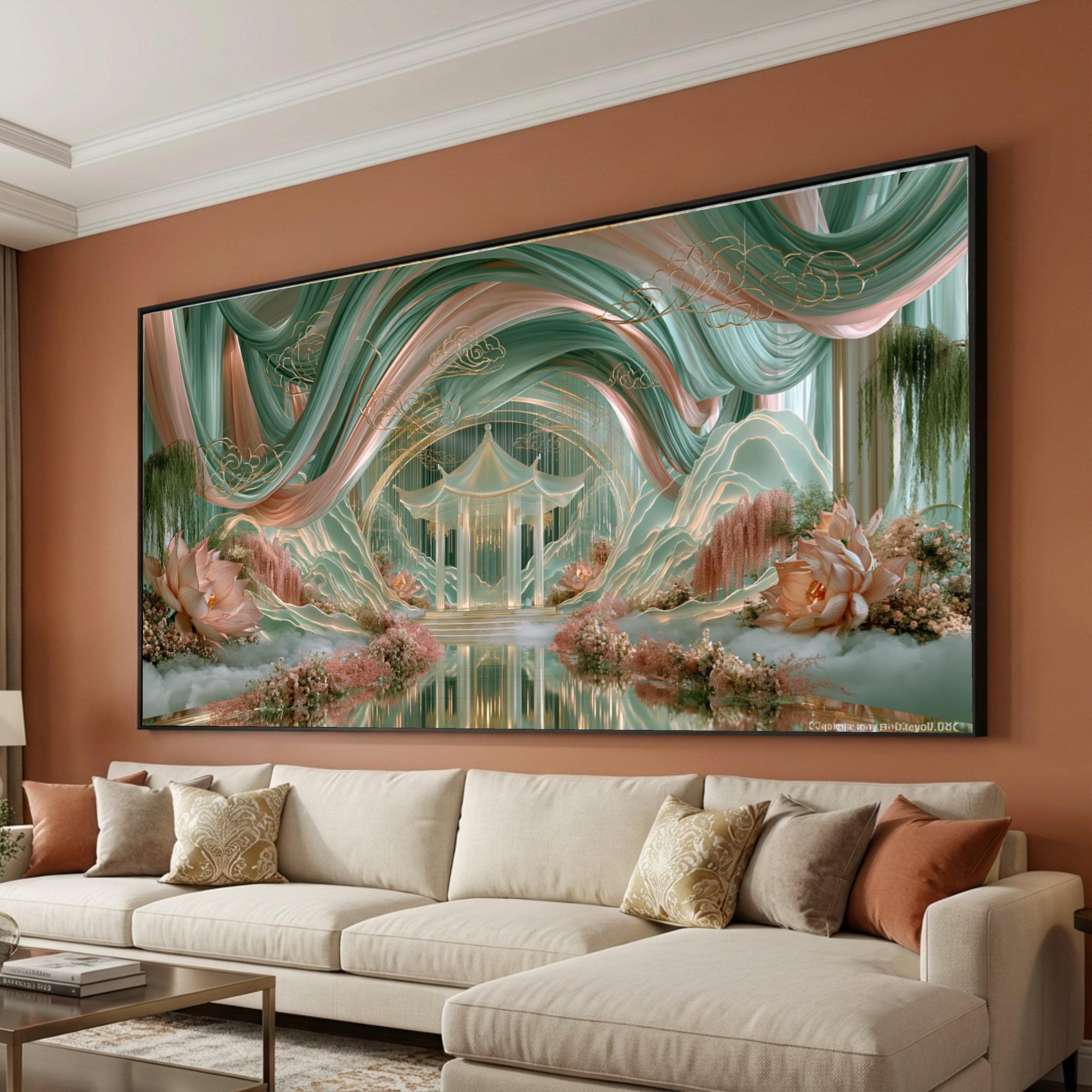 Serene Asian Pavilion Canvas, Mystical Garden Scene, Floral Lotus Wall Art, Elegant Drapery Design, Reflective Water Canvas Decor