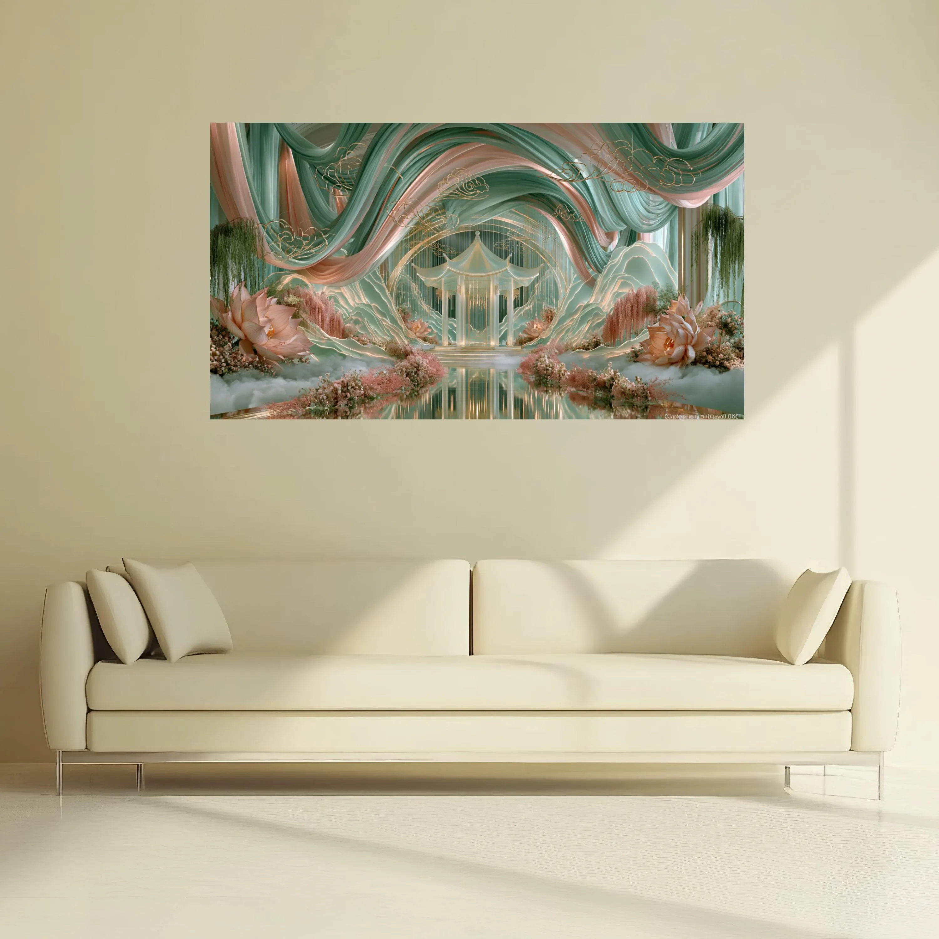 Serene Asian Pavilion Canvas, Mystical Garden Scene, Floral Lotus Wall Art, Elegant Drapery Design, Reflective Water Canvas Decor - image 4