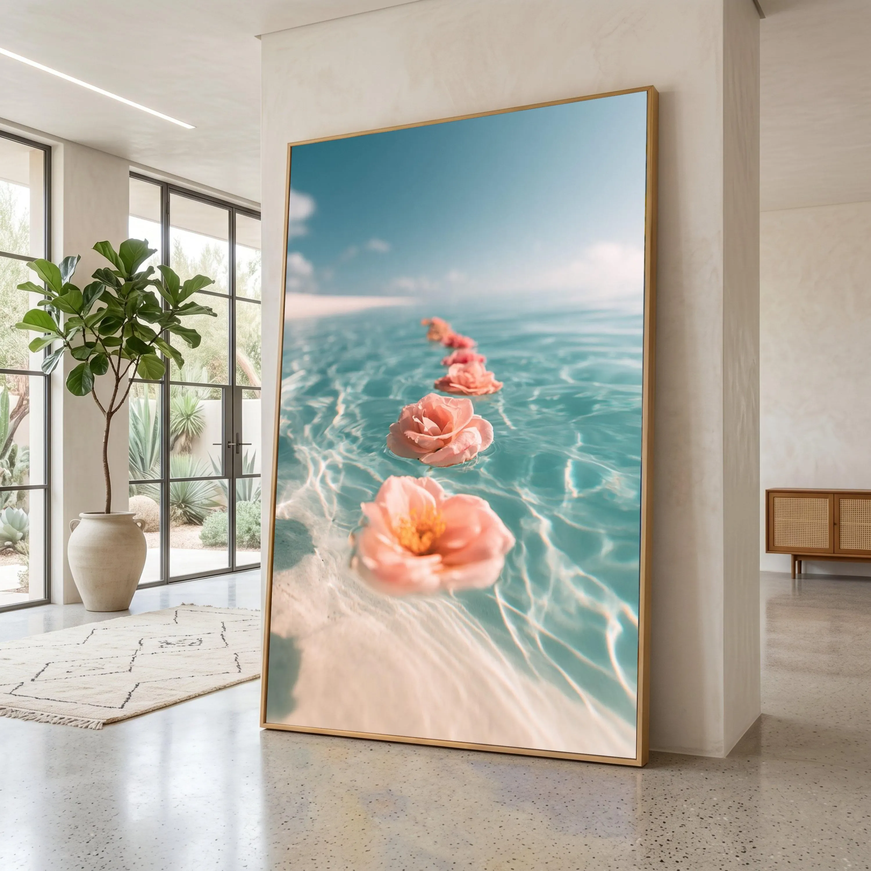 Floating Pink Roses Canvas, Serene Water Scene Wall Art, Floral Home Decoration, Calm Ocean View Canvas, Relaxing Nature Art Print
