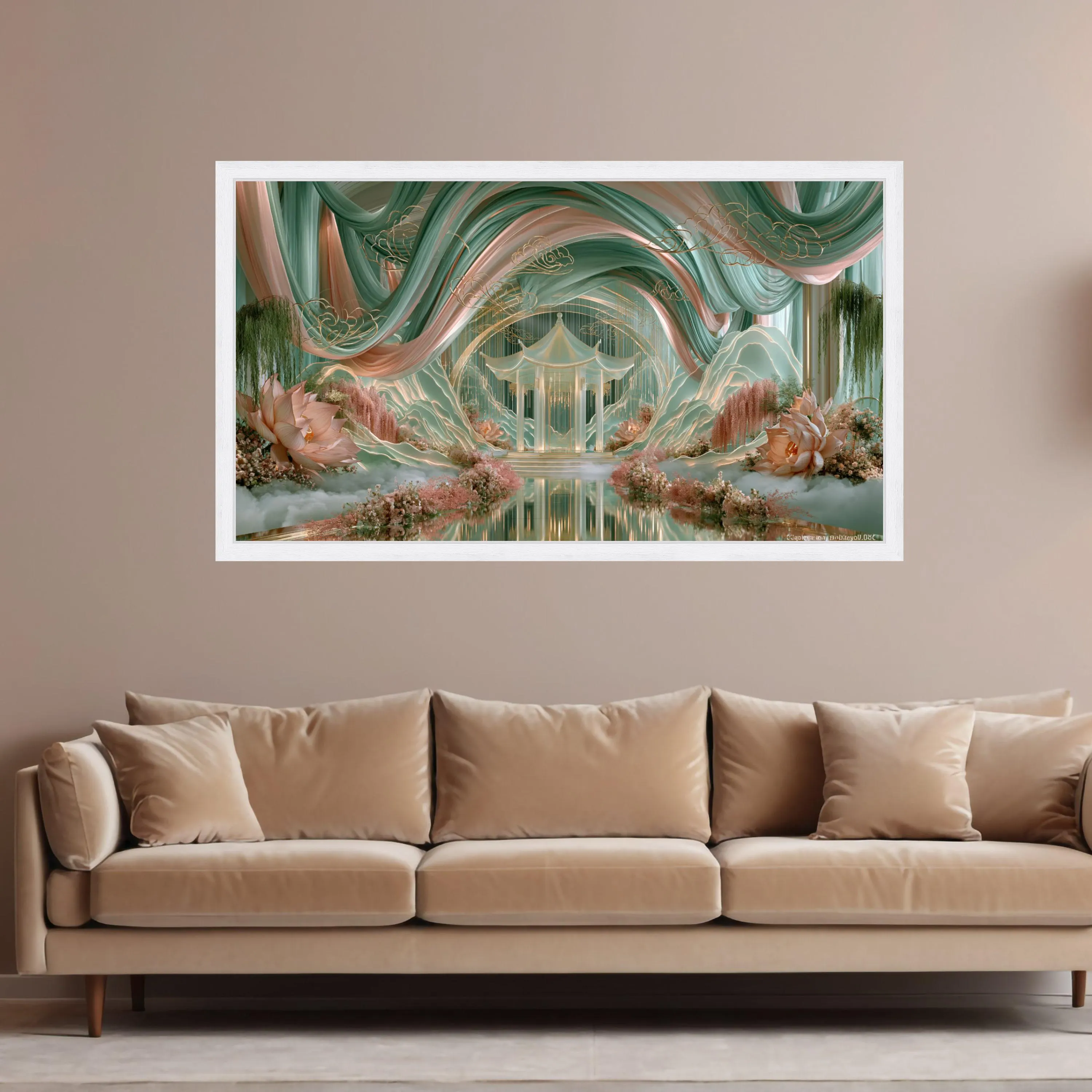 Serene Asian Pavilion Canvas, Mystical Garden Scene, Floral Lotus Wall Art, Elegant Drapery Design, Reflective Water Canvas Decor - image 3