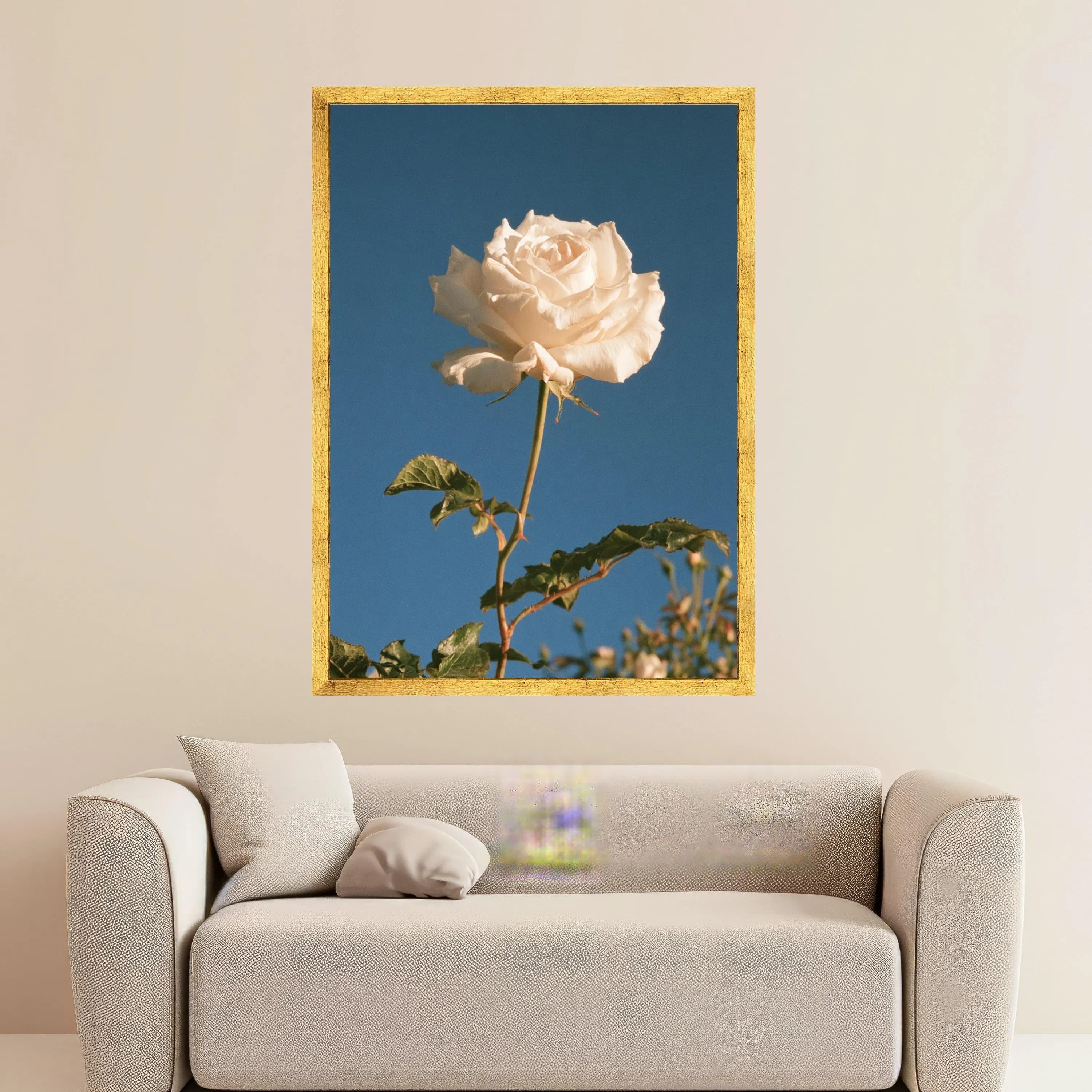 White Rose Bloom Canvas, Single Flower Wall Art, Botanical Canvas Decoration, Floral Home Accent, Blue Sky Background Print - image 3