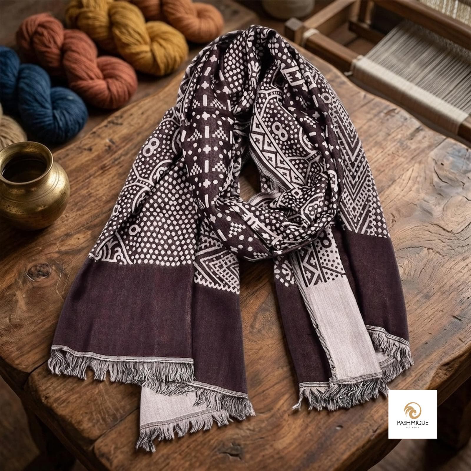 Vintage-inspired paisley scarf folded on a wooden surface.