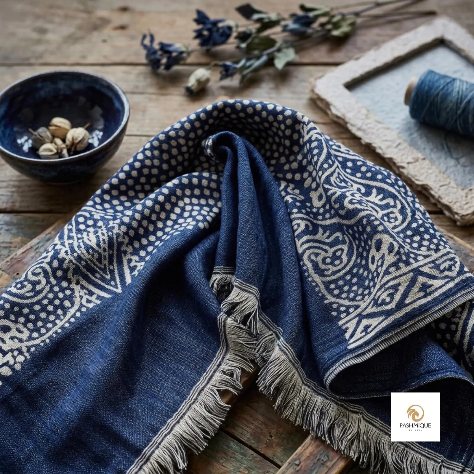 Vintage-inspired paisley scarf folded on a wooden surface.