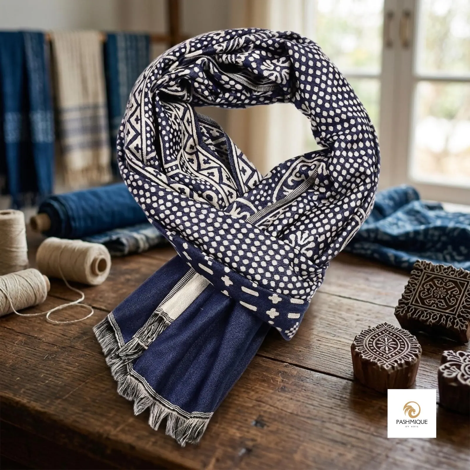Cotton linen scarf styled with a winter jacket.