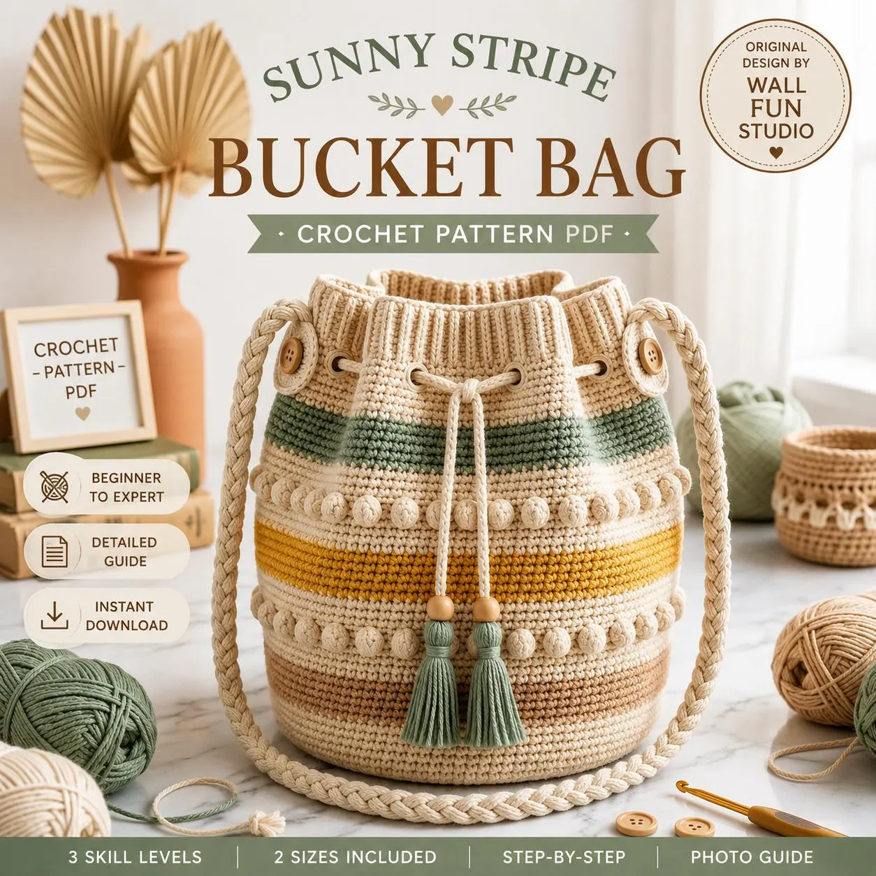 Crochet Bucket Bag PATTERN PDF, Striped Boho Purse, Beginner to Expert, Drawstring Bag, Bobble Stitch Tote, Tassel Bag, 2 Sizes, US Terms - image 3