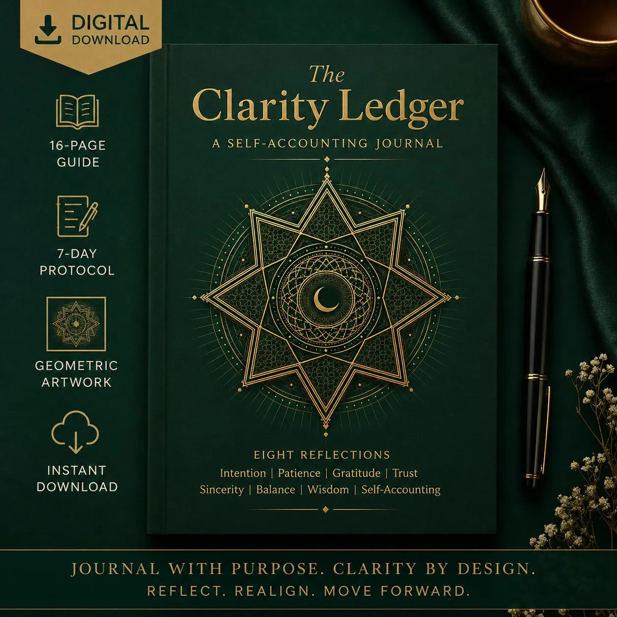 The Clarity Ledger Self-Accounting Journal | Intention Patience Gratitude Reflection PDF | Geometric Islamic Art | Instant Download