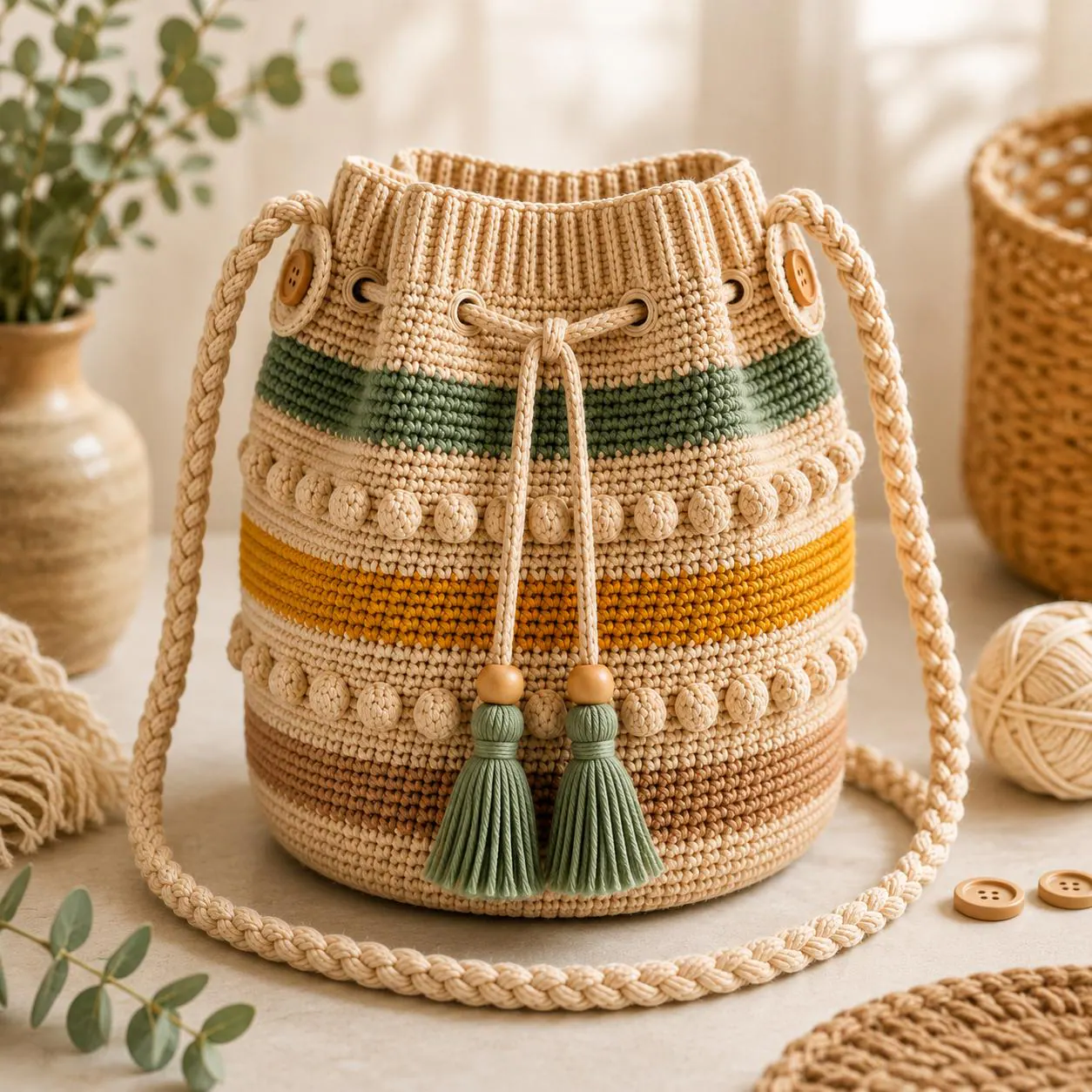 Crochet Bucket Bag PATTERN PDF, Striped Boho Purse, Beginner to Expert, Drawstring Bag, Bobble Stitch Tote, Tassel Bag, 2 Sizes, US Terms