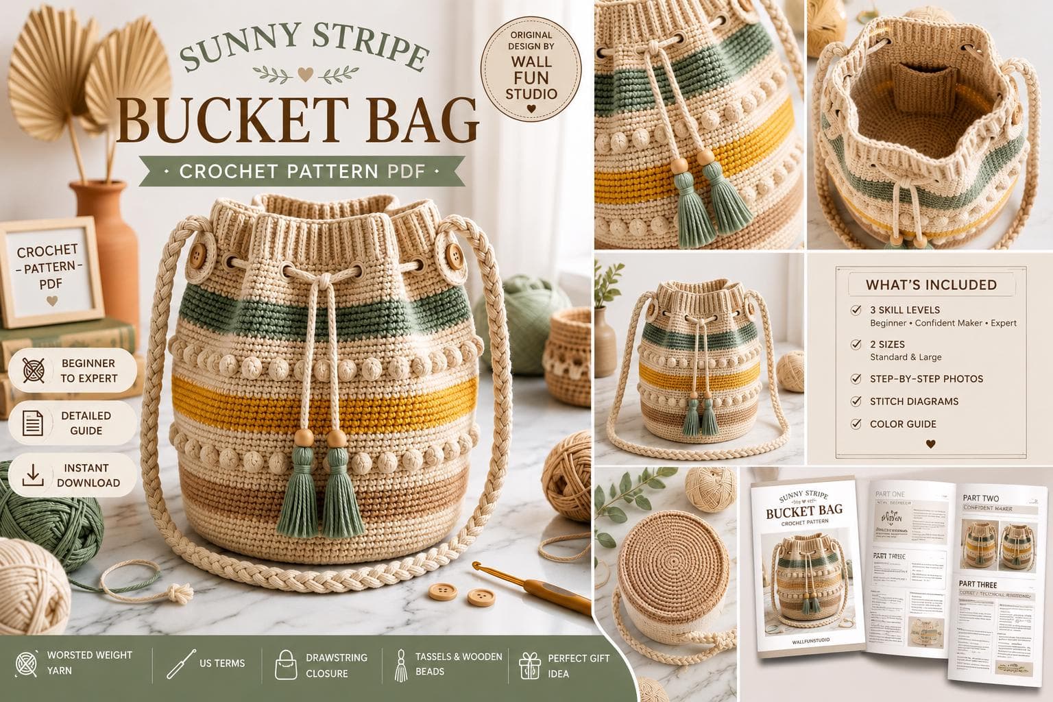 Crochet Bucket Bag PATTERN PDF, Striped Boho Purse, Beginner to Expert, Drawstring Bag, Bobble Stitch Tote, Tassel Bag, 2 Sizes, US Terms - image 5