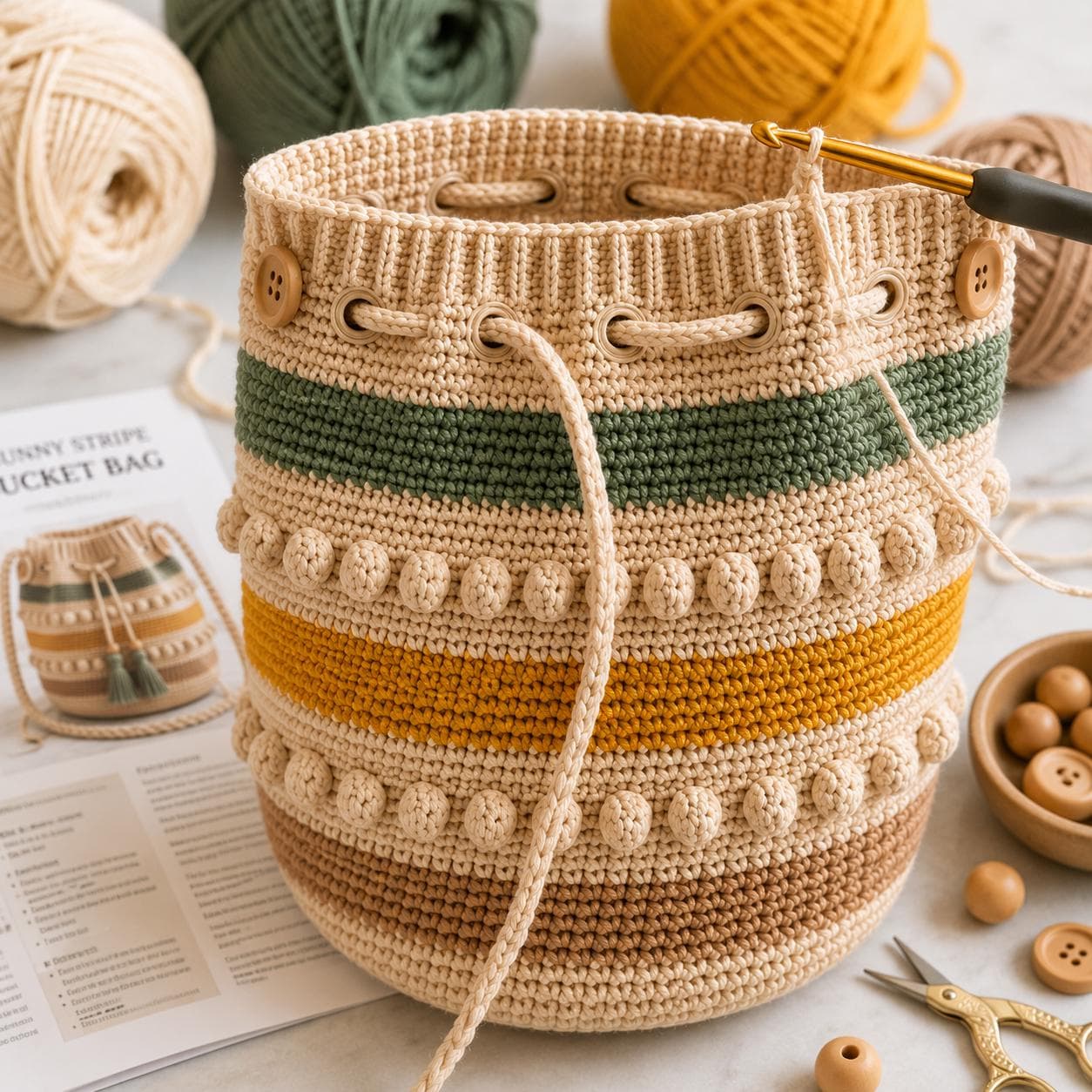 Crochet Bucket Bag PATTERN PDF, Striped Boho Purse, Beginner to Expert, Drawstring Bag, Bobble Stitch Tote, Tassel Bag, 2 Sizes, US Terms - image 4