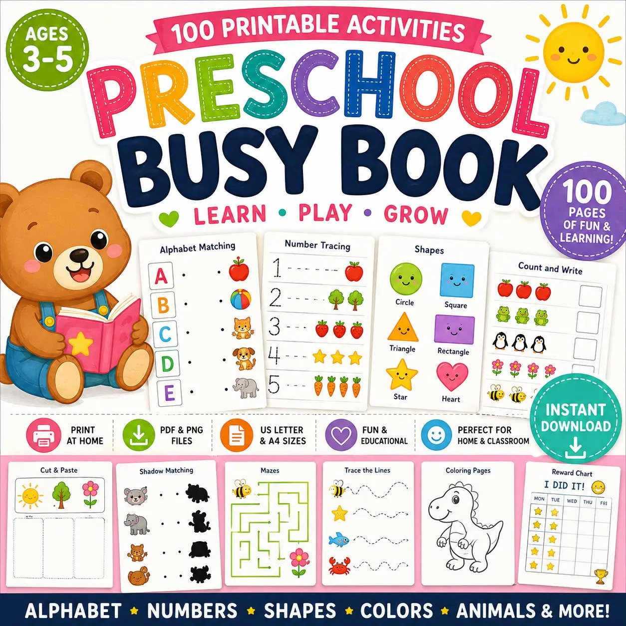 Busy Book for Preschool Printable | 100 Activities Ages 3-5 | Alphabet Numbers Shapes Colors | Kindergarten Homeschool Worksheets