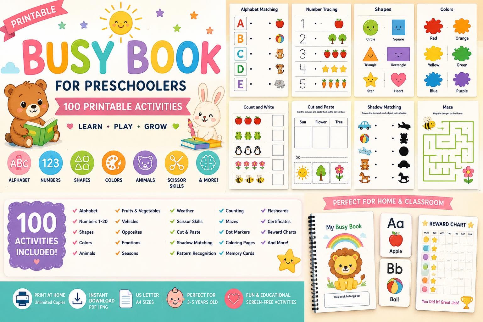 Busy Book for Preschool Printable | 100 Activities Ages 3-5 | Alphabet Numbers Shapes Colors | Kindergarten Homeschool Worksheets - image 4