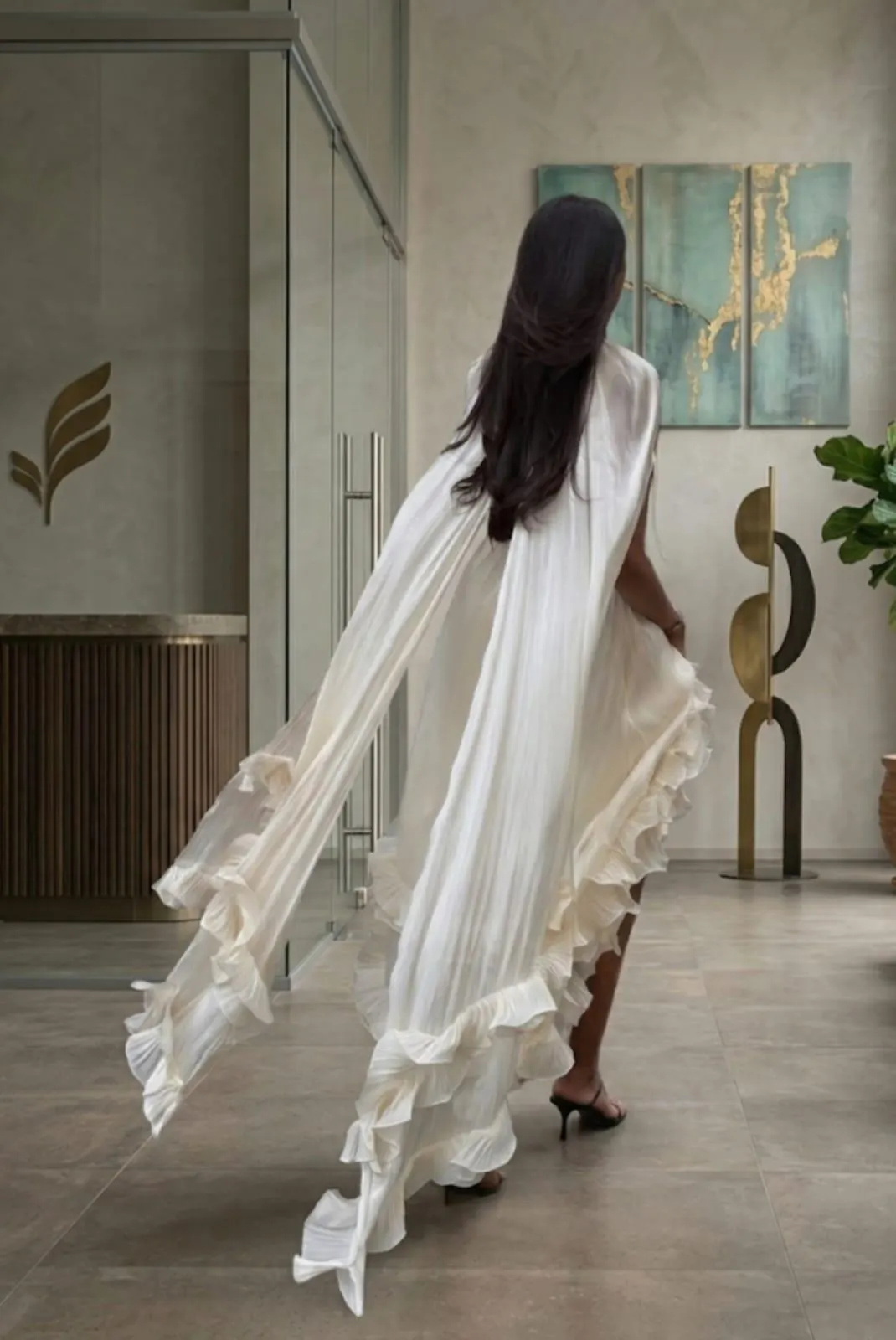 Cream Ruffle Maxi Dress, Cape Sleeve Gown, Boho Bridesmaid Formal Long Dress - image 4
