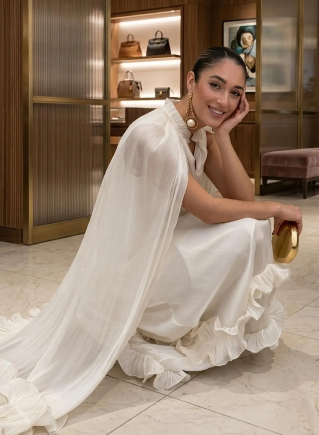Cream Ruffle Maxi Dress, Cape Sleeve Gown, Boho Bridesmaid Formal Long Dress - image 5
