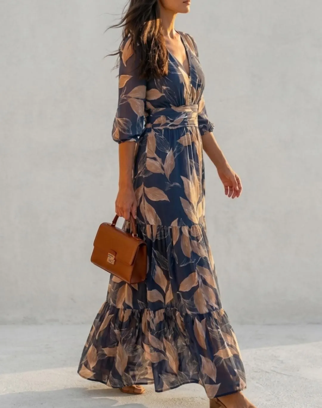 Leaf Print Maxi Dress | V-Neck Tiered Boho Chiffon Summer Dress - image 4