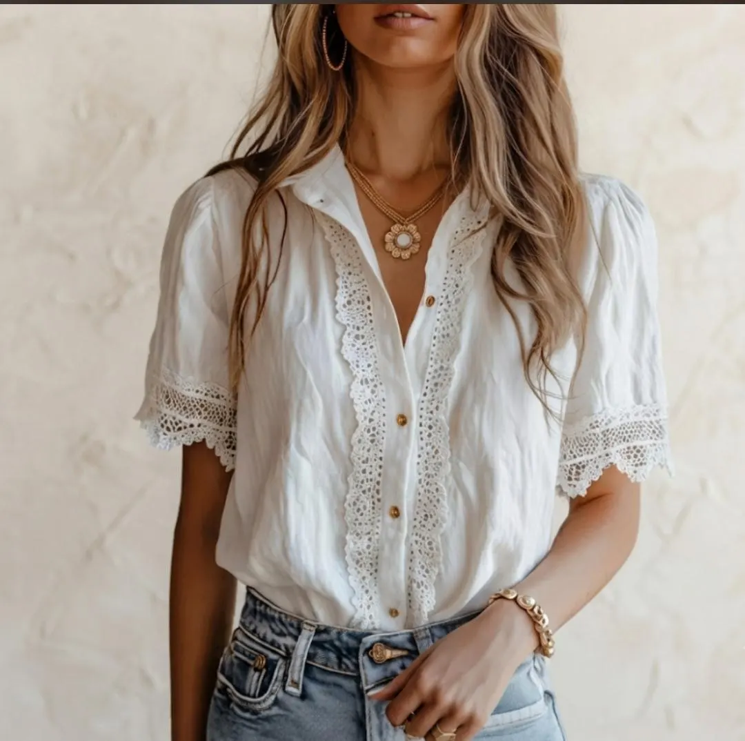 Boho Lace Trim Blouse, Crochet Button Up Puff Sleeve Shirt - image 5