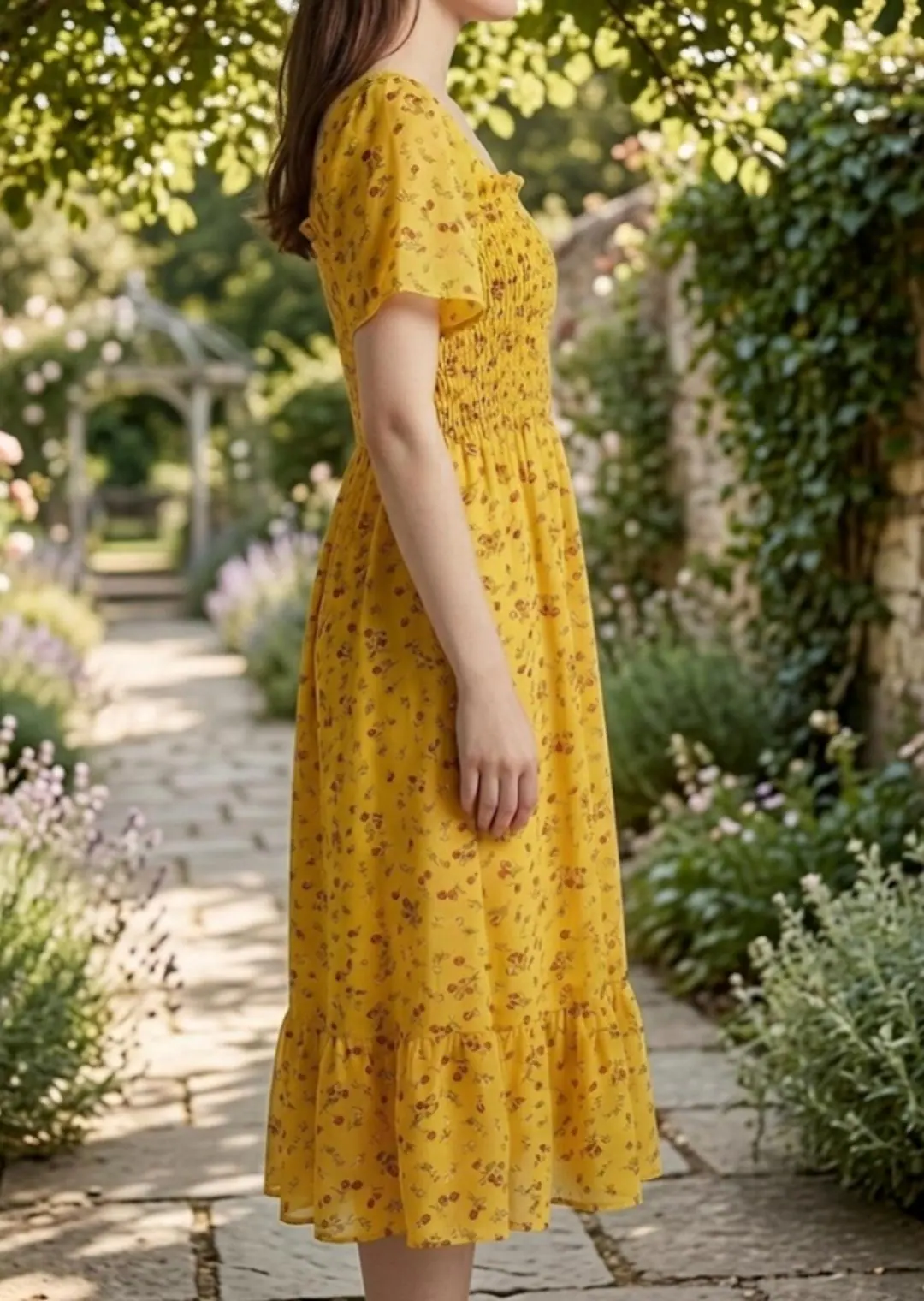 Floral Chiffon Midi Dress | Square Neck A-Line, Elastic Waist - image 2