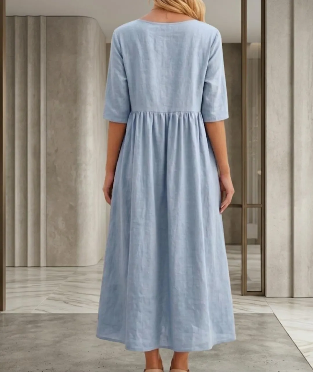 Linen Midi Dress | Half Sleeve Loose A-Line Babydoll Cottagecore Beach Dress - image 3