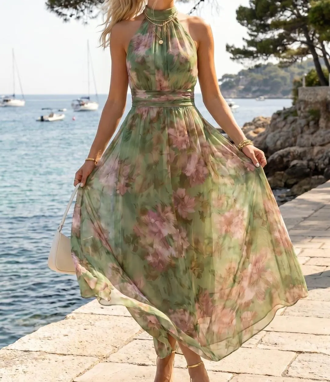 Vintage Floral Halter Maxi Dress, Elegant Wedding Guest, Flowing Summer Gown, Romantic Garden Outfit - image 4