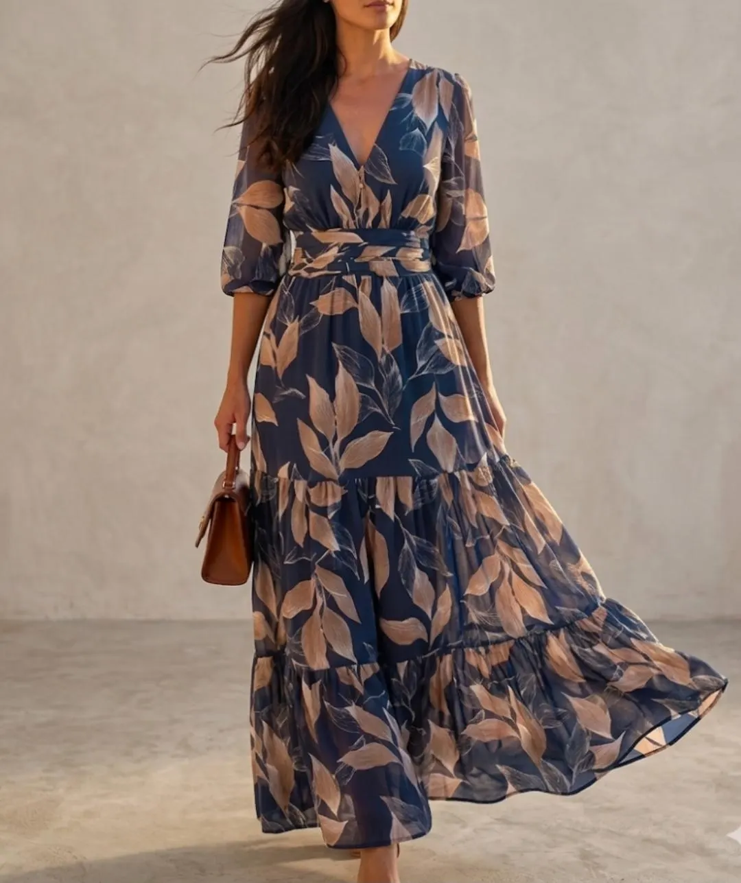 Leaf Print Maxi Dress | V-Neck Tiered Boho Chiffon Summer Dress - image 3