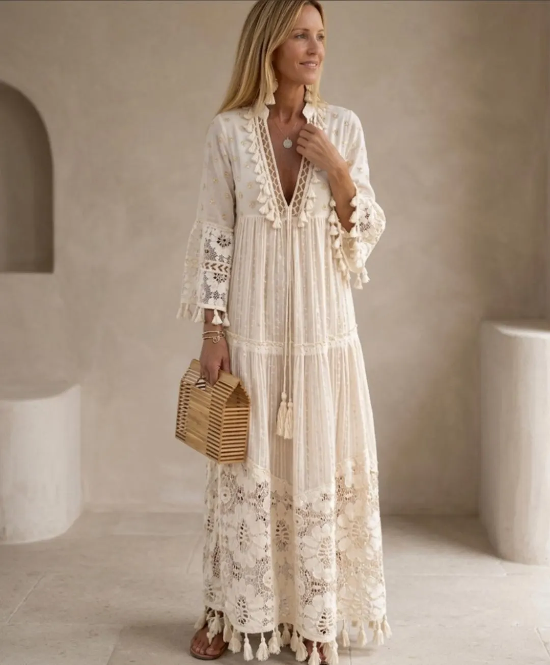 Boho Lace Maxi Dress | Tiered Tassel Trim Flowy Sundress, Summer Beach Wear - image 3