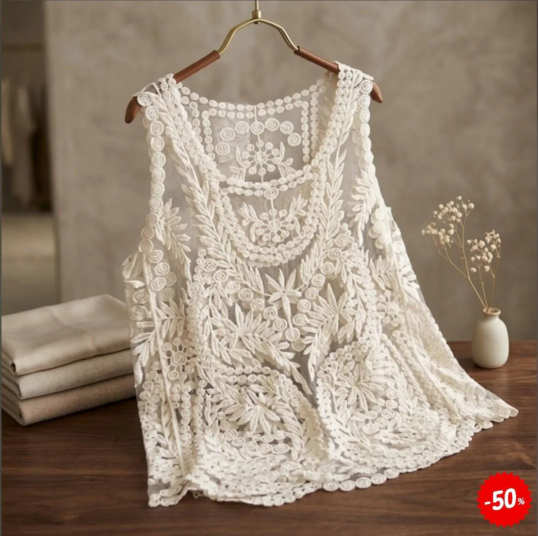 Crochet Lace Tank Top, Floral Embroidered Sheer Blouse, Boho Summer Style