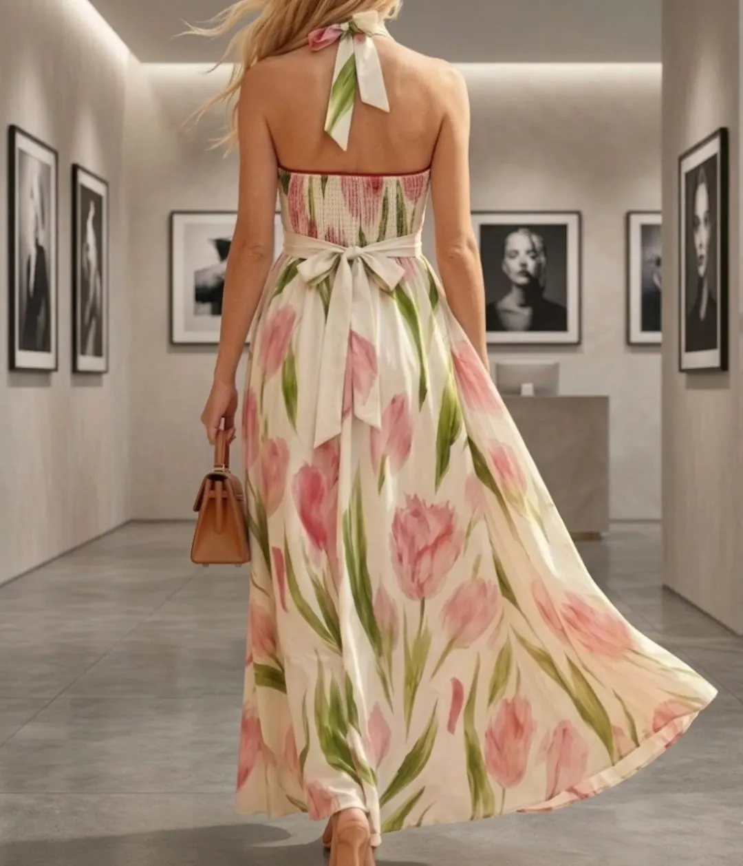 Tulip Floral Halter Maxi Dress – Boho Smocked Back Summer Wrap Dress - image 4