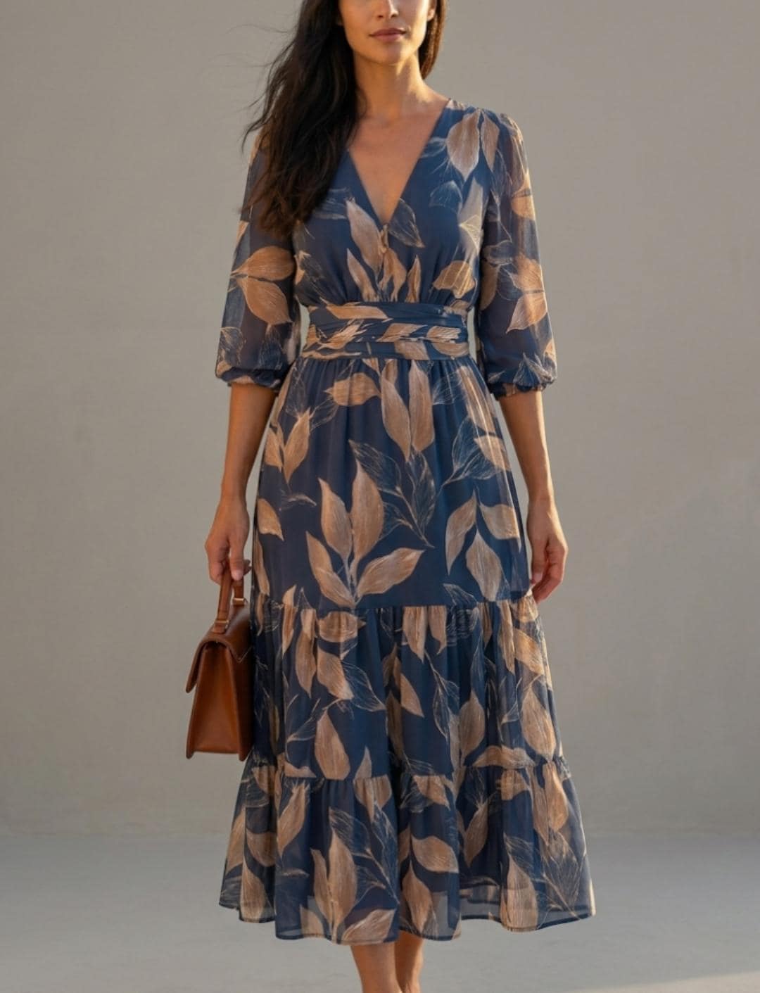 Leaf Print Maxi Dress | V-Neck Tiered Boho Chiffon Summer Dress