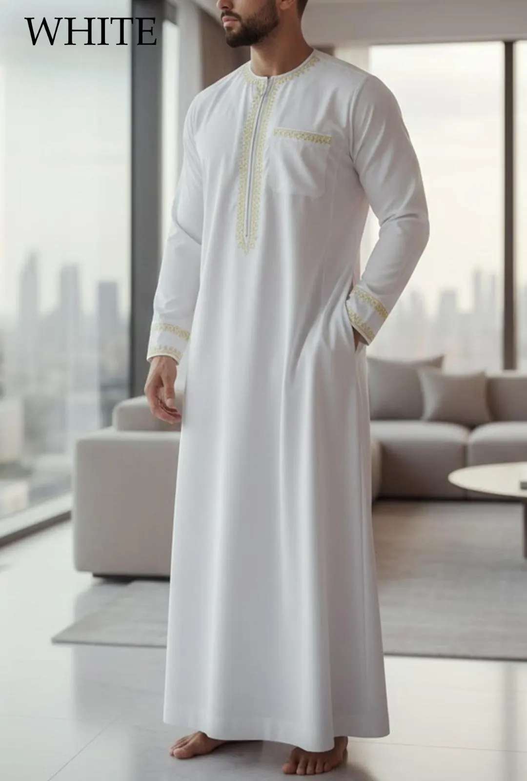 Men's Embroidered Thobe | Islamic Kaftan Jalabiya, Zip Collar Jubba, Ramadan Wear