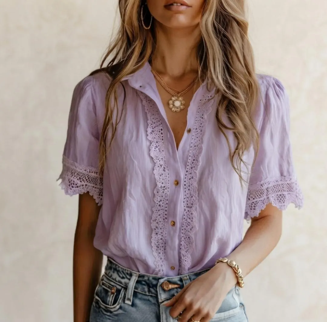 Boho Lace Trim Blouse, Crochet Button Up Puff Sleeve Shirt - image 3