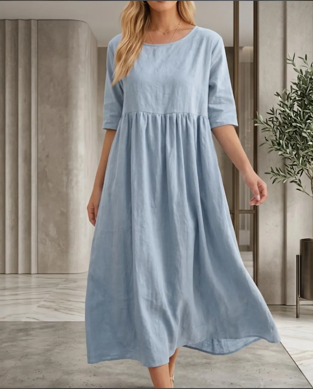 Linen Midi Dress | Half Sleeve Loose A-Line Babydoll Cottagecore Beach Dress