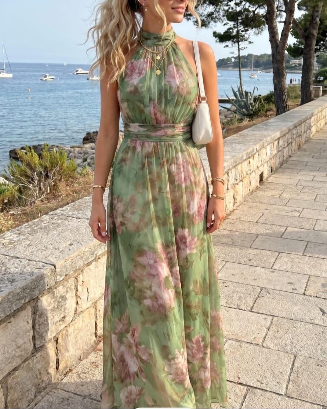 Vintage Floral Halter Maxi Dress, Elegant Wedding Guest, Flowing Summer Gown, Romantic Garden Outfit - image 3