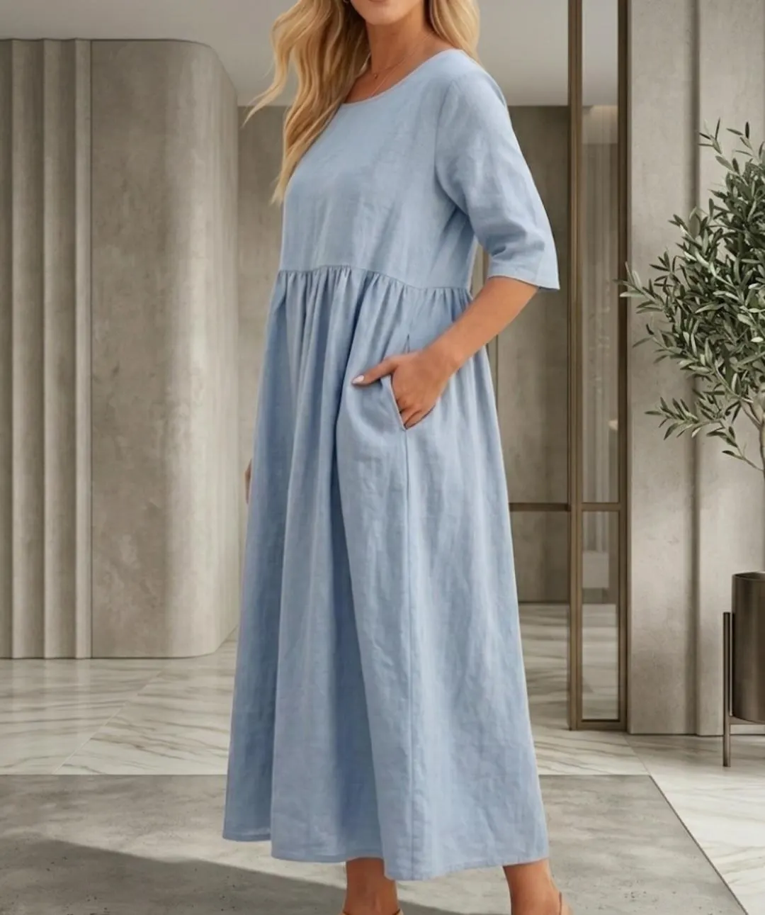 Linen Midi Dress | Half Sleeve Loose A-Line Babydoll Cottagecore Beach Dress - image 5