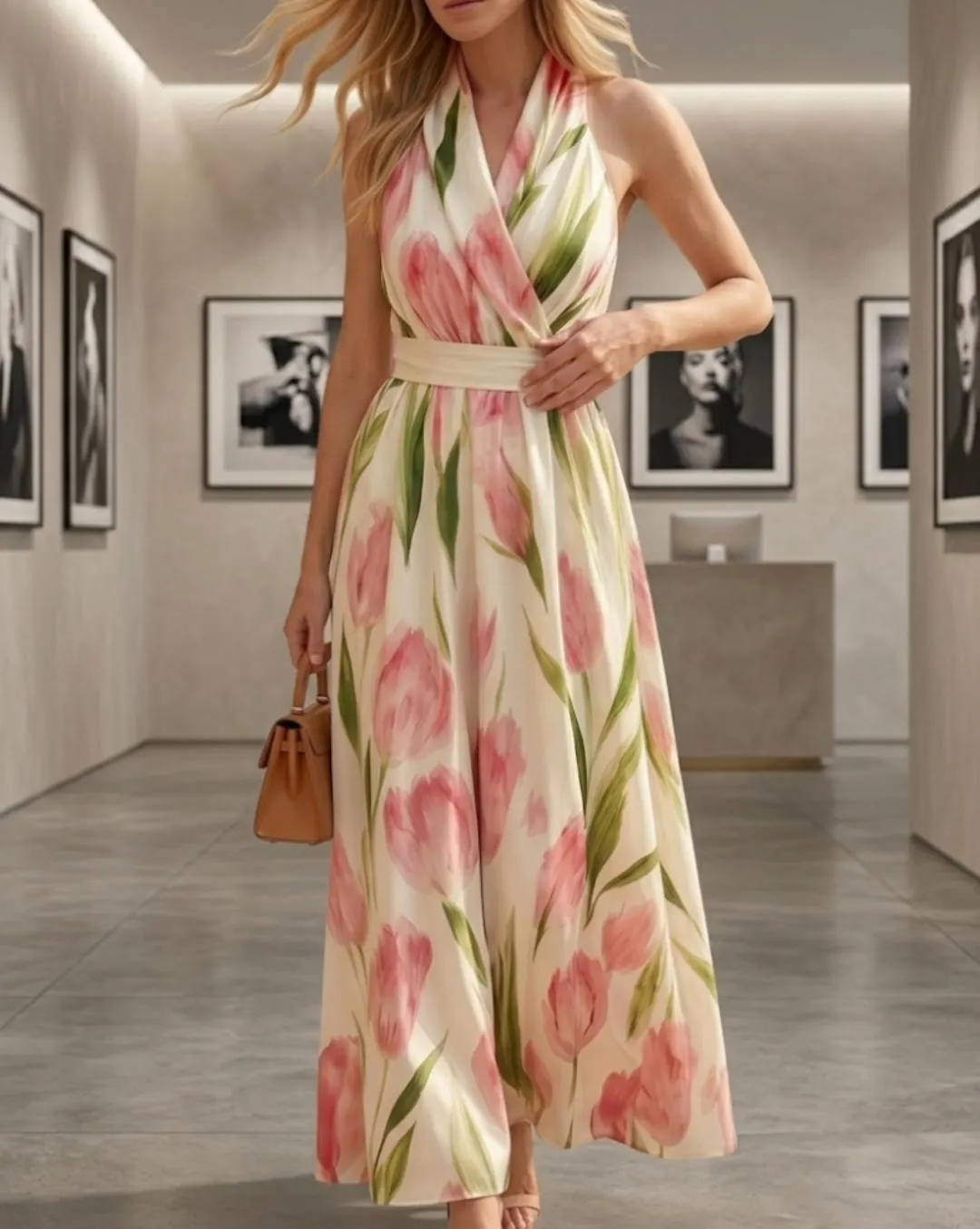 Tulip Floral Halter Maxi Dress – Boho Smocked Back Summer Wrap Dress