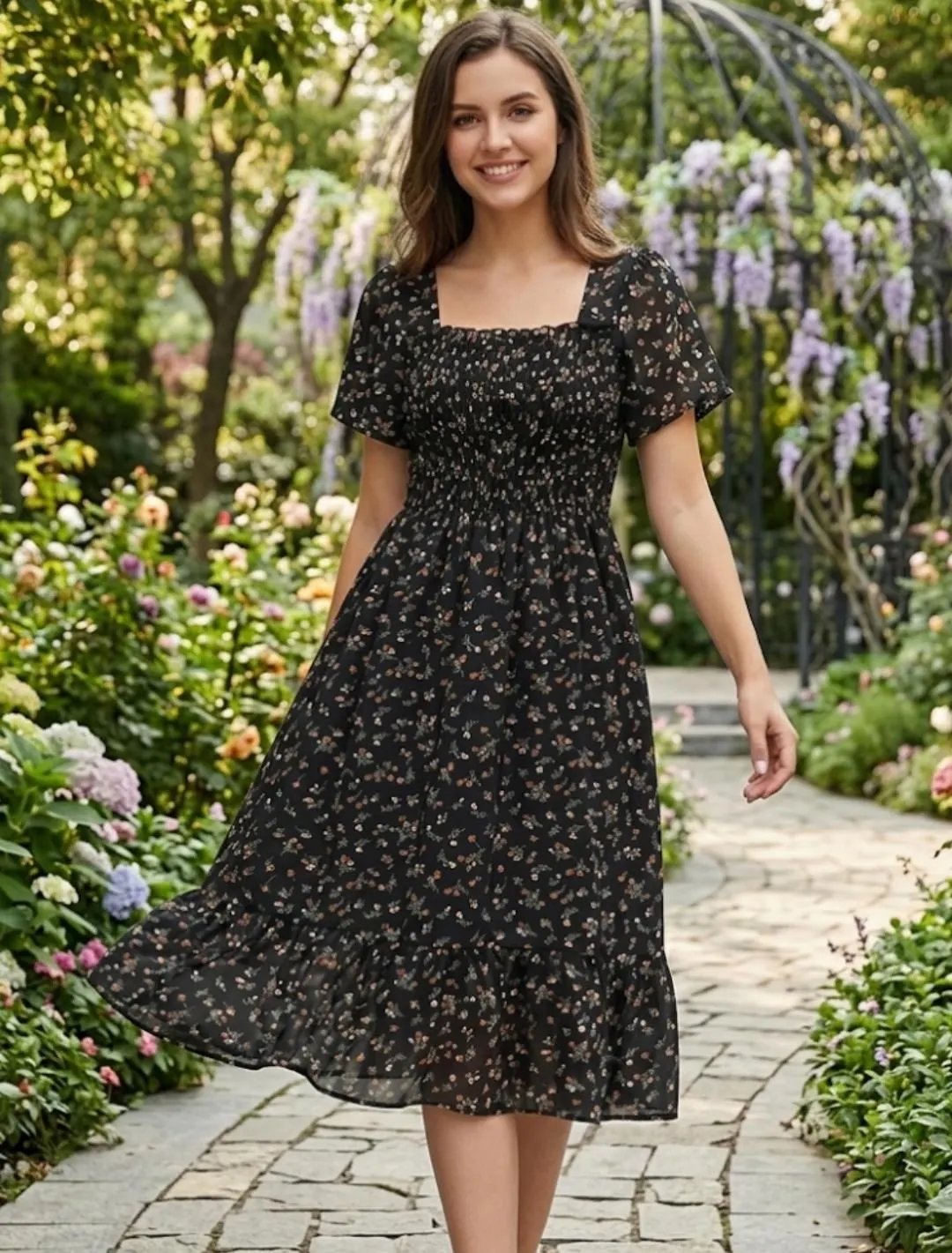 Floral Chiffon Midi Dress | Square Neck A-Line, Elastic Waist