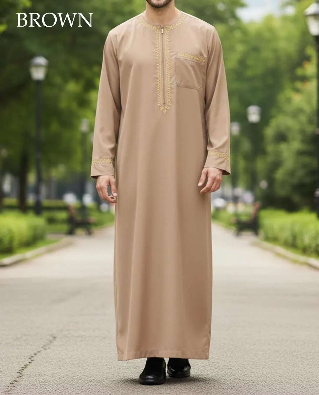 Men's Embroidered Thobe | Islamic Kaftan Jalabiya, Zip Collar Jubba, Ramadan Wear - image 4