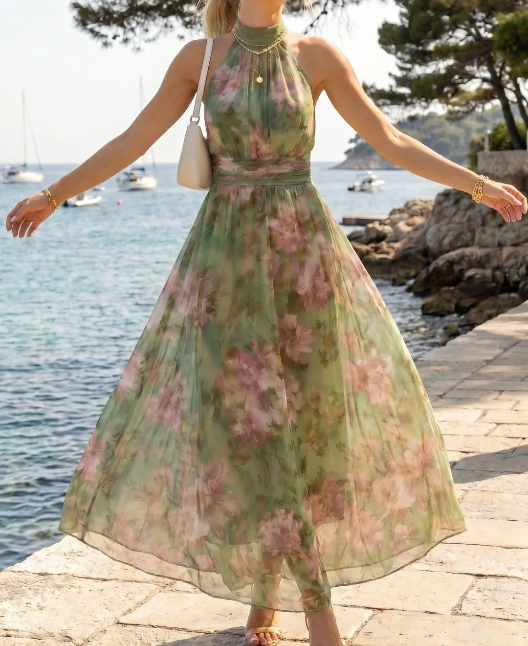 Vintage Floral Halter Maxi Dress, Elegant Wedding Guest, Flowing Summer Gown, Romantic Garden Outfit