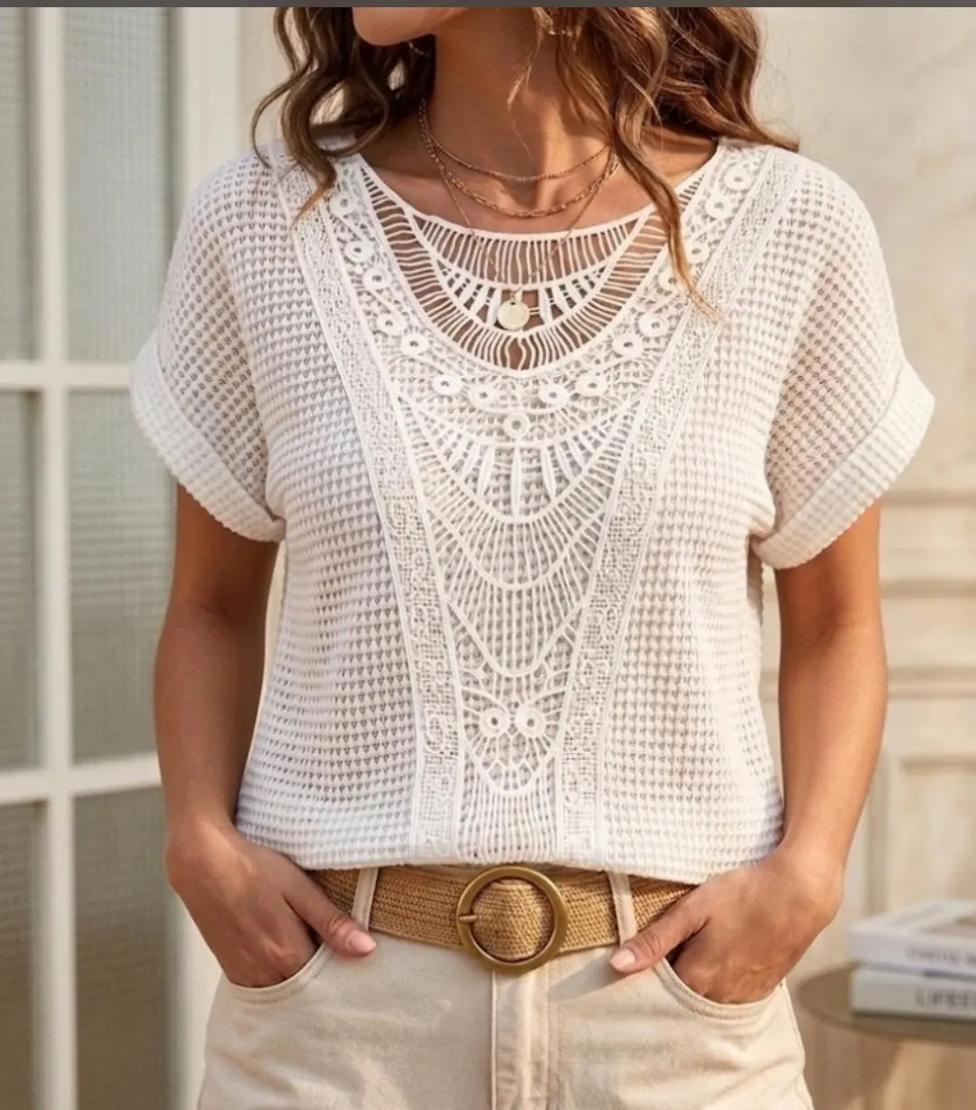 Handmade Crochet Lace Top: White Boho Knit Shirt, Floral Embroidery Summer Blouse