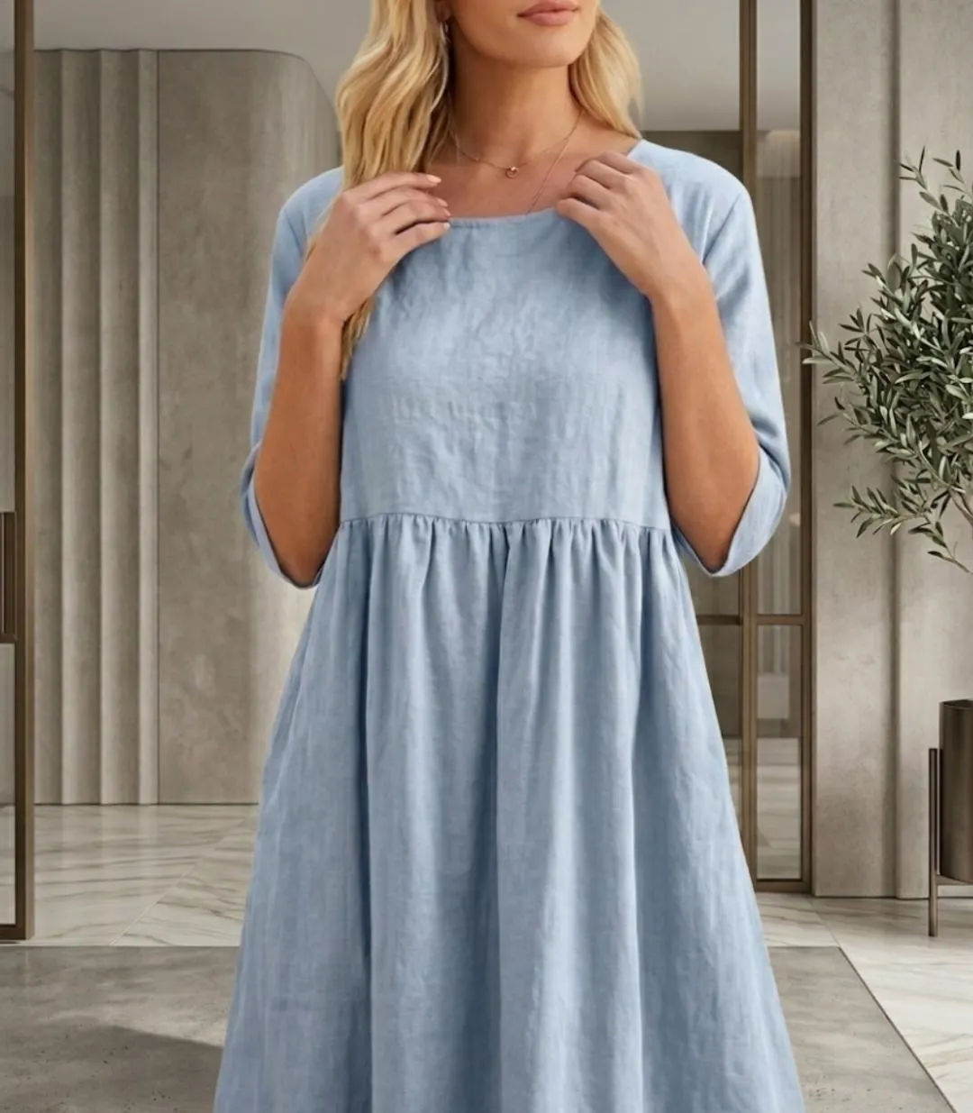 Linen Midi Dress | Half Sleeve Loose A-Line Babydoll Cottagecore Beach Dress - image 4