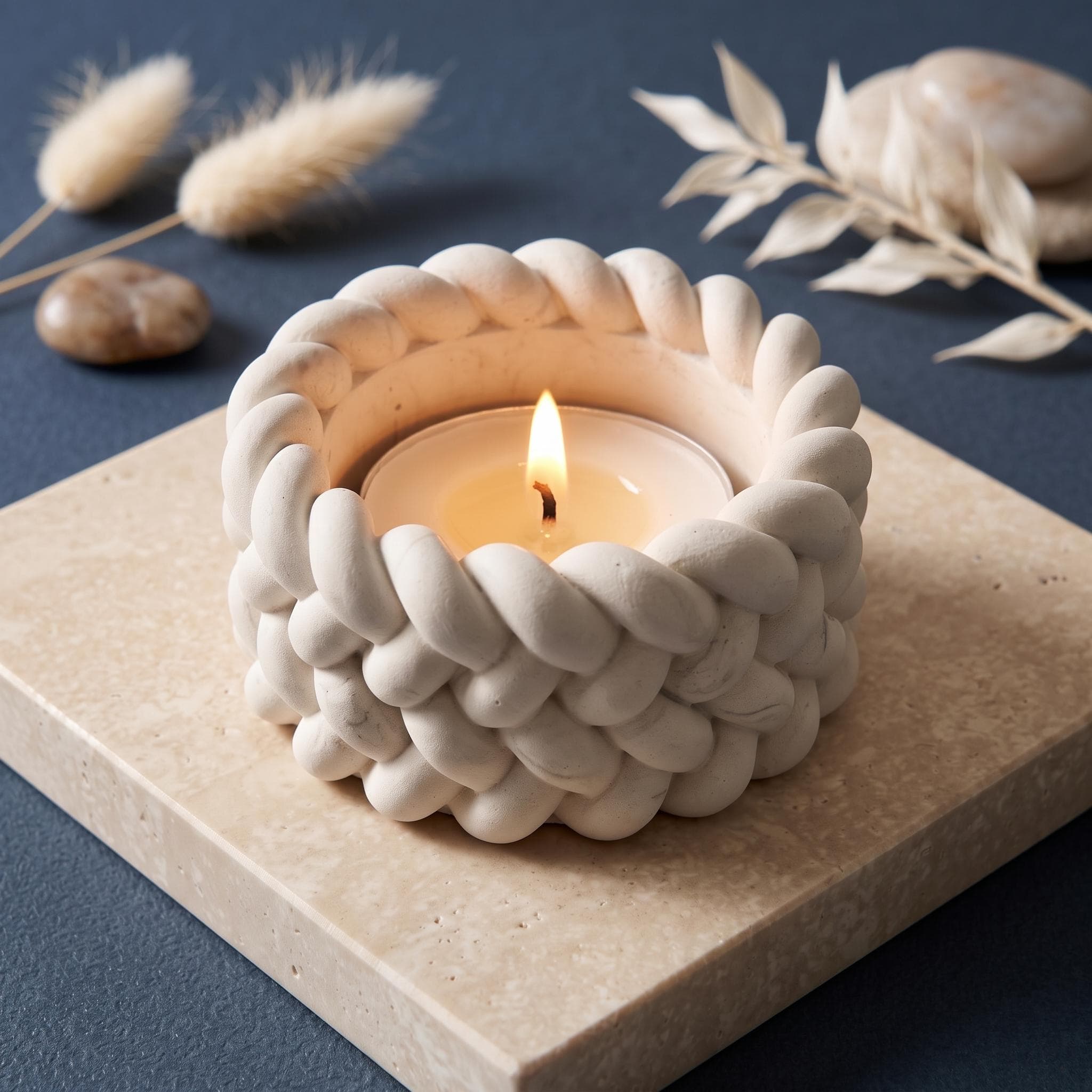 Personalised Jesmonite Knit Candle Holder, Modern Round Tea Light, Wedding Favour (Custom Name) - image 2