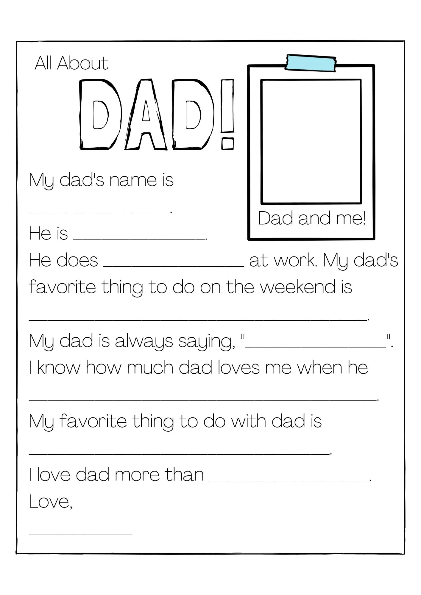 All About Dad Printable Card — Kids Fill In Father's Day Activity Sheet — Instant Download PDF